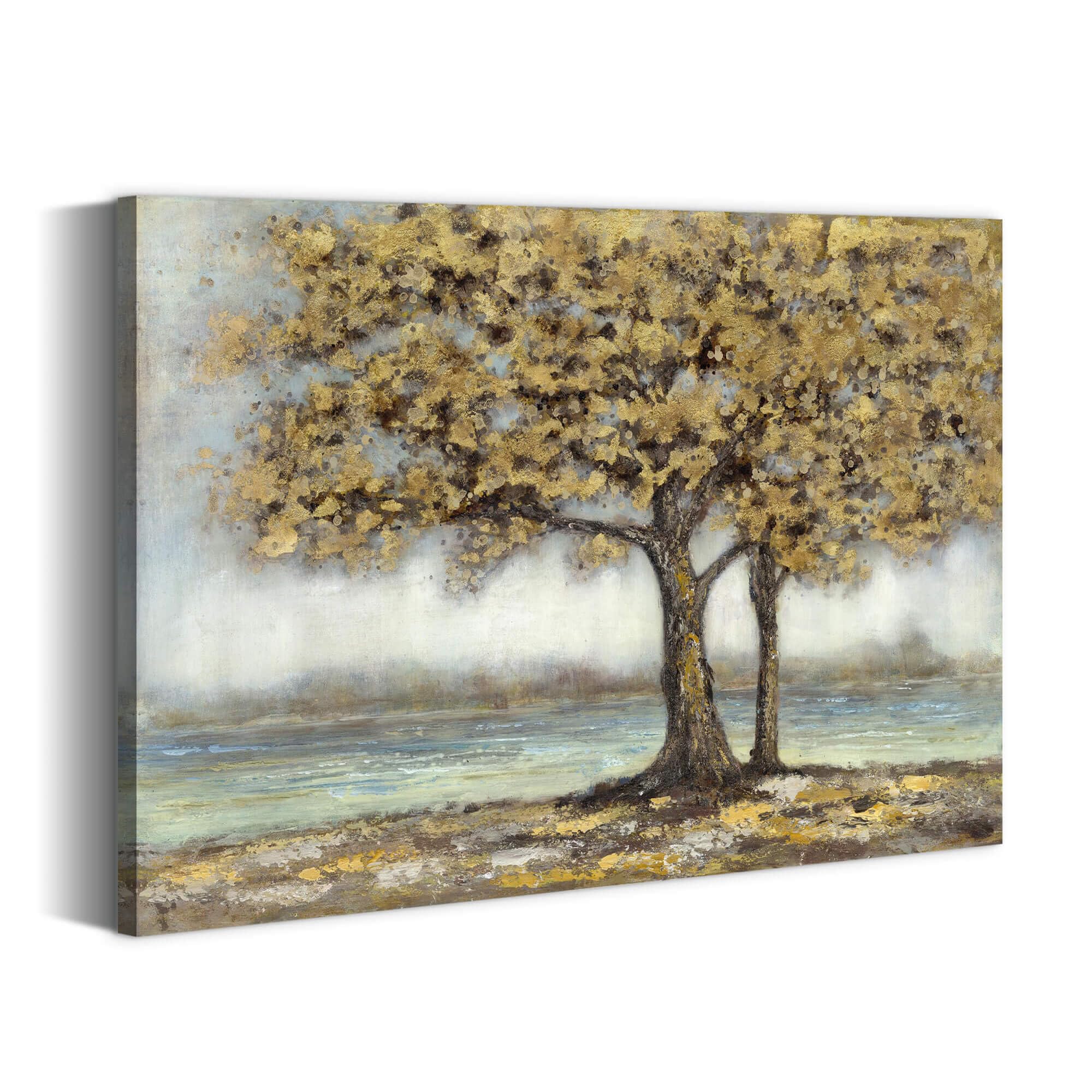 summer melody Abstract Tree Canvas Wall Art: Modern Landscape Neoclassical Oil Painting Rustic Gold Yellow Autumn Forest Picture Contemporary Nature Scenery Print Artwork for Living Room Bedroom