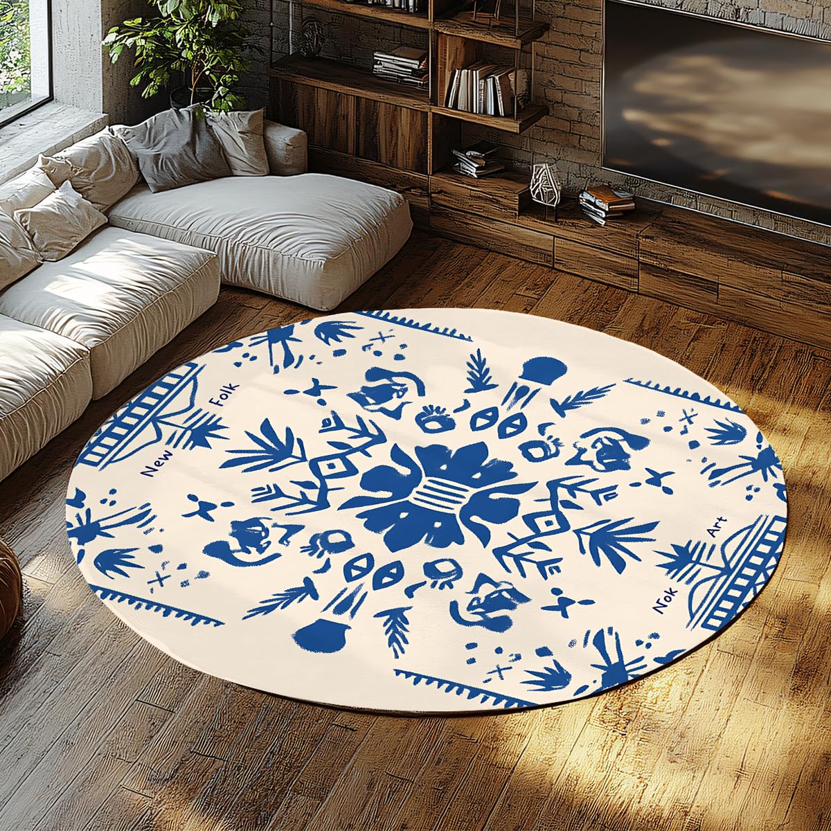 Tapis cercle antidérapant lavable ultra doux à poils ras 140cm floral