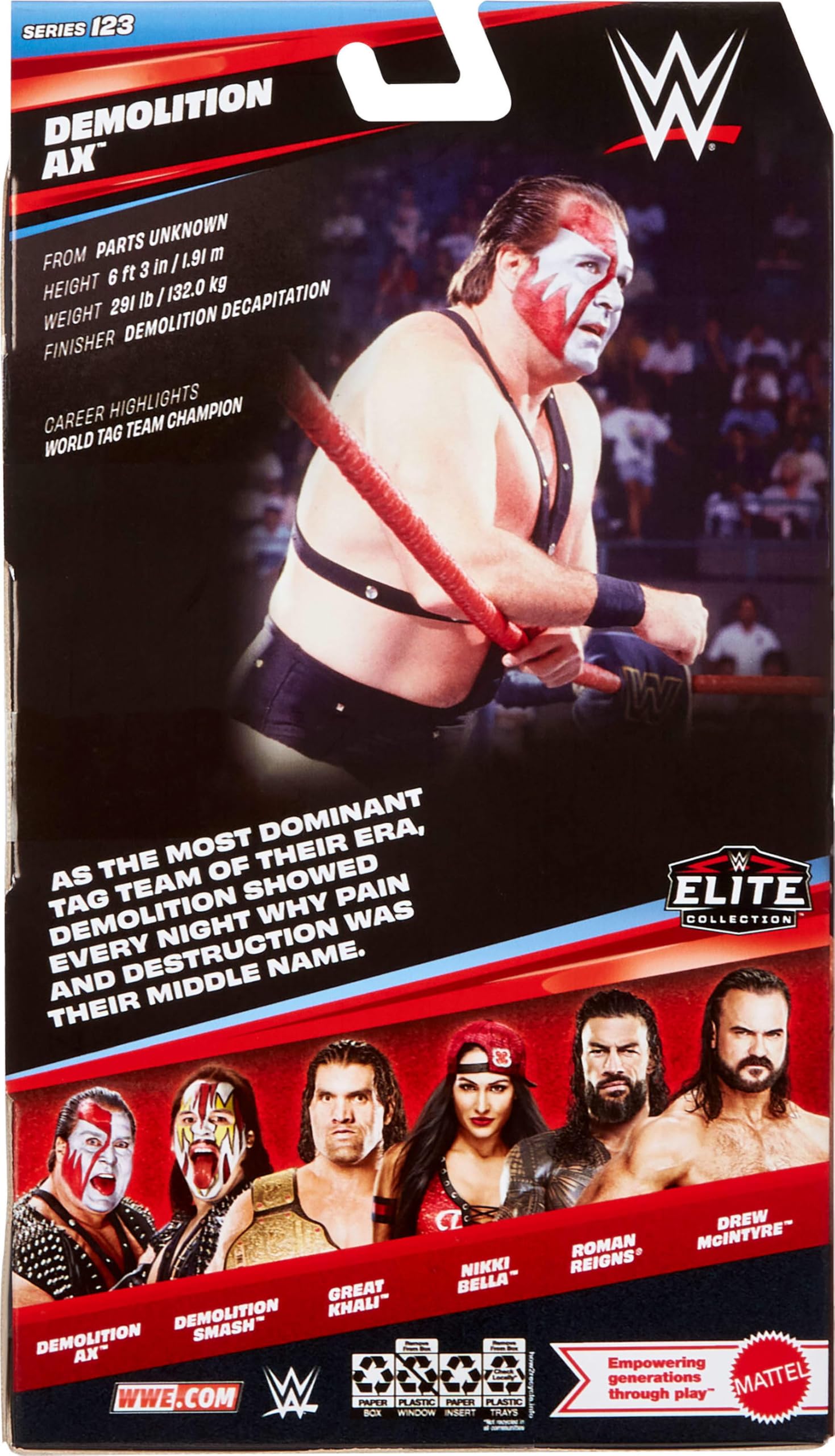 Mattel WWE Elite - Figura de acción y accesorios, serie #123, hacha de demolición coleccionable de 6 pulgadas con 25 puntos de articulación y manos intercambiables