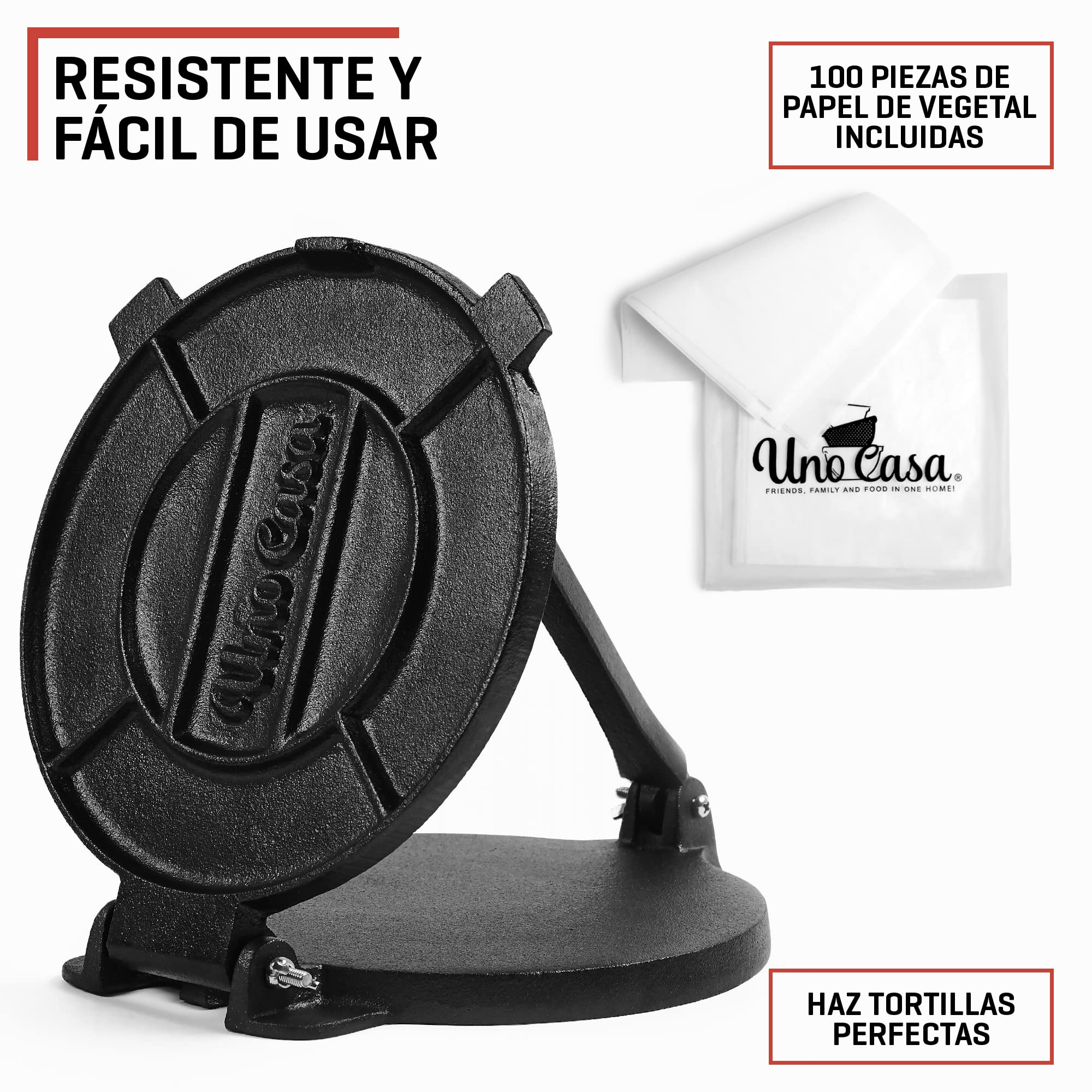 Uno Casa Prensa de tortilla de hierro fundido, 8 pulgadas, máquina de tortillas presazonadas para tortillas de maíz con 100 piezas de papel pergamino – Máquina Roti Maker Chapati, prensa de tacos,