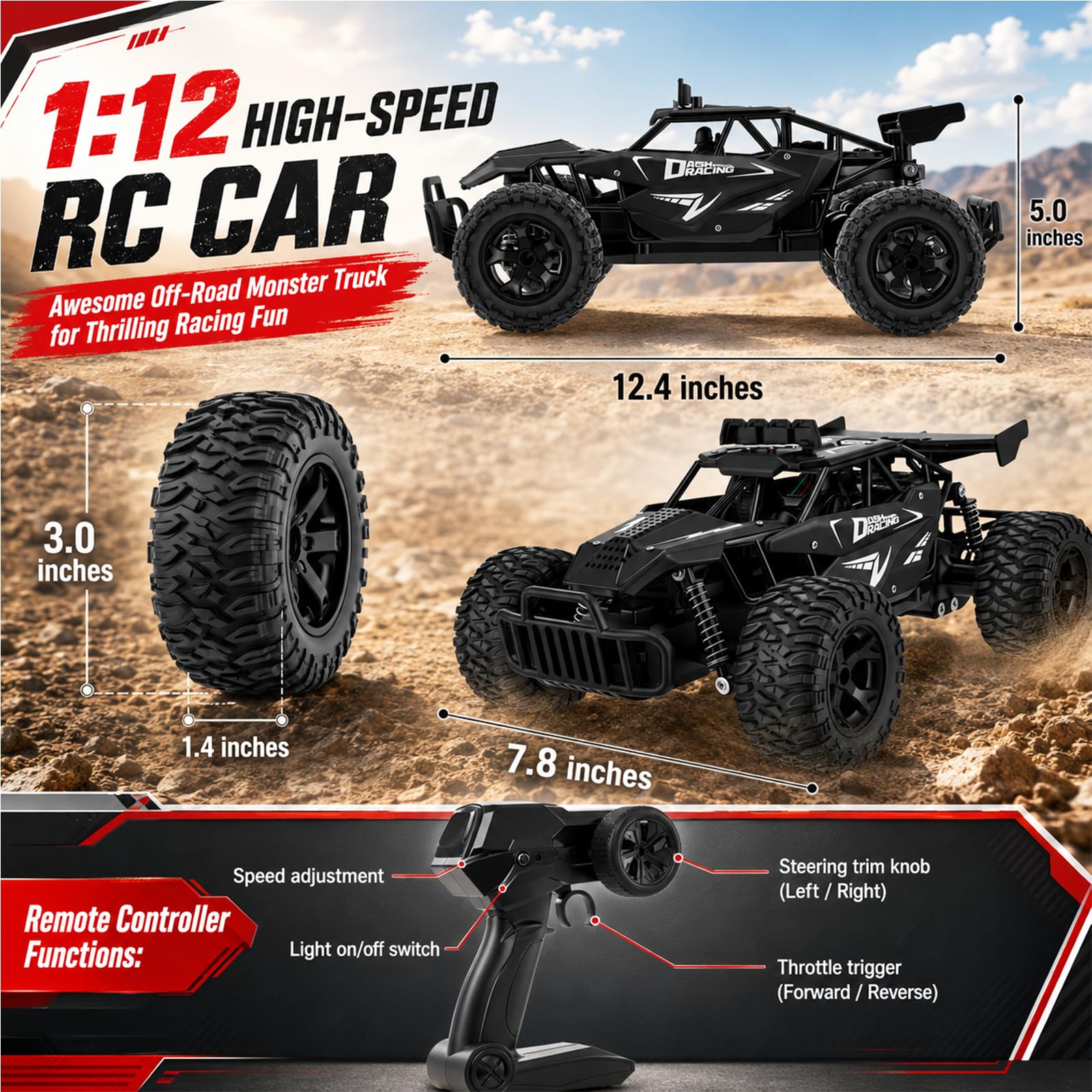 Coche teledirigido Offroad escala 1:12, 500 mAh RC Auto 20-25 km/h con 2 baterías y 50 min de tiempo de reproducción, todo terreno Monster Truck con mando a distancia de 2,4 GHz, juguete para niños a
