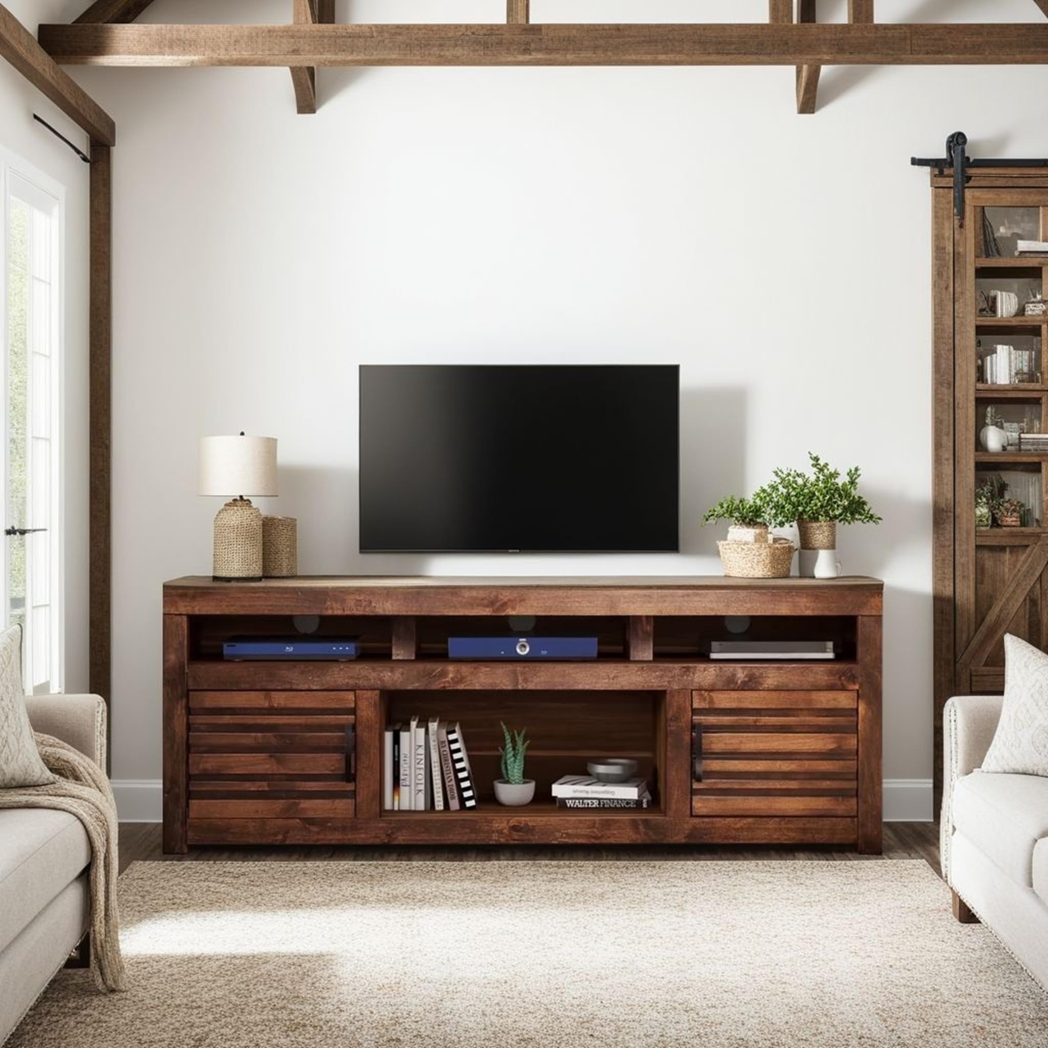 Bridgevine Home Sausalito 72 inch TV Stand Entertainment Center, Accommodates TV up to 85 inches, Fully Assembled, Knotty Alder Solid Wood, Whiskey Finish