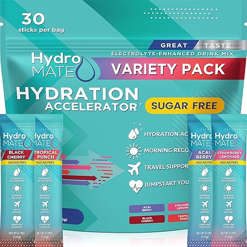 Electrolyte Powder Sugar-Free Hydration Packets Variety Pack HydroMATE 30 Sticks