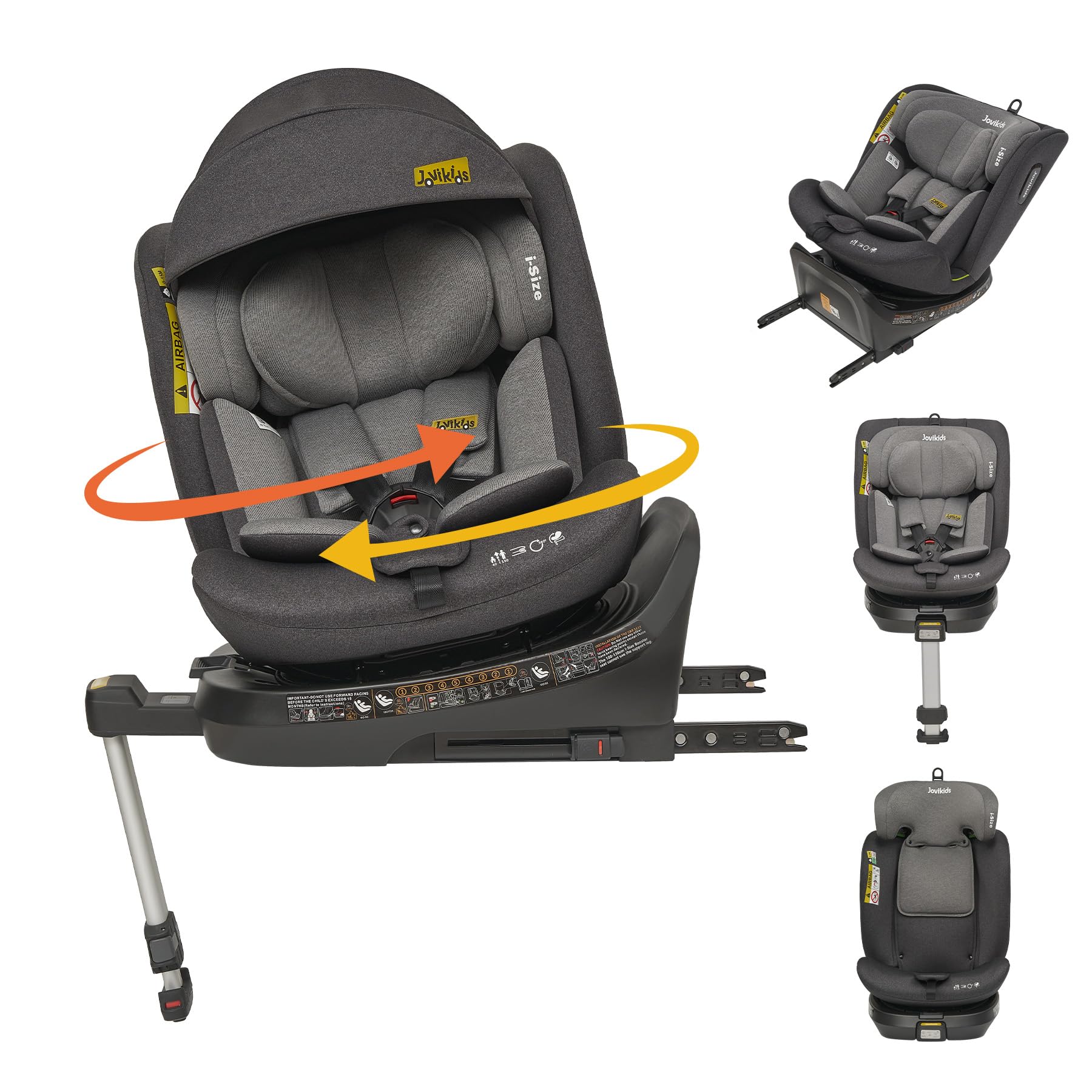 Jovikids Car Seat, i-Size 360 Rotating Car Seat with ISOFIX, Adjustable Headrest, Side Impact Protection for 40-150 cm Toddler, Infant, Child, Position Recline, ERF, 360 Swivel Baby Car Seat (Black)