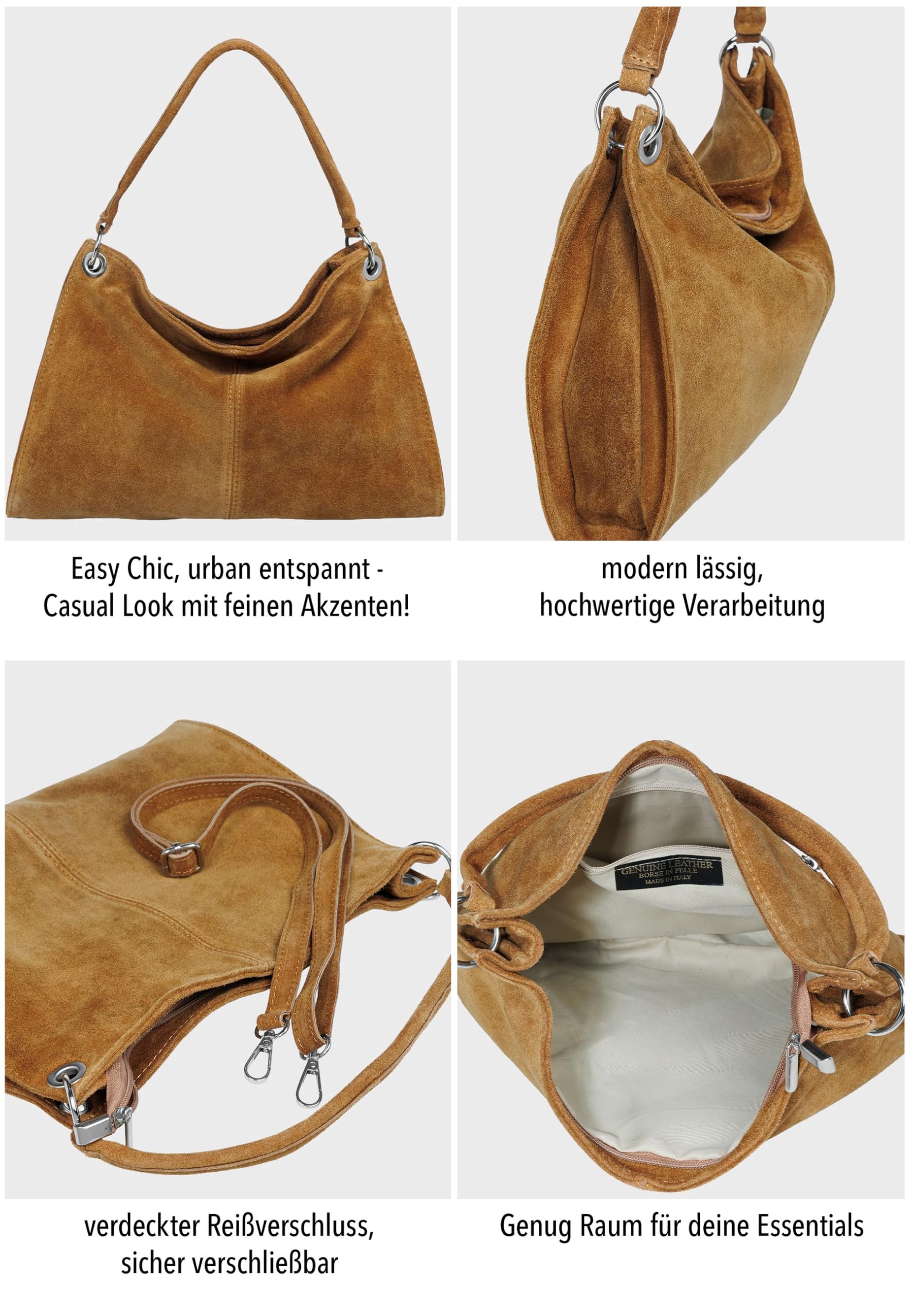 Caspar Elegante Wildleder Handtasche Damen Leder Schultertasche Crossbody Bag Umhängetasche aus hochwertigem Veloursleder - PREMIUM LINE - Modell No.838 - Made in Italy