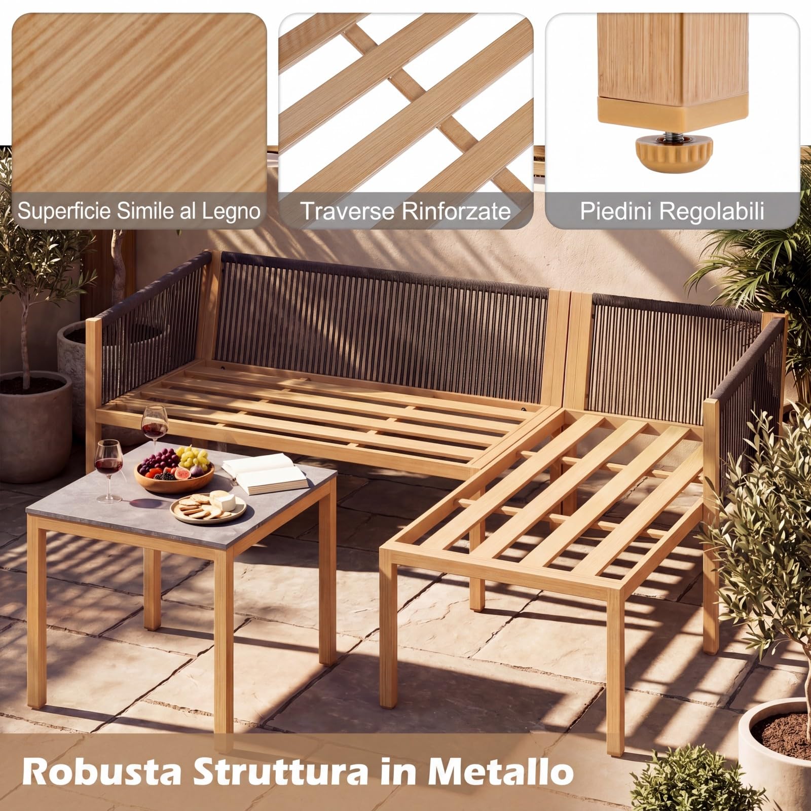 COSTWAY Set di Mobili da Giardino 3 Pezzi, Salotto da Esterno con 2 Divani Componibili a forma di L e Tavolino da Caffè, Set da Conversazione da Esterno con Cuscini Sfoderabili, per Patio e Terrazzo