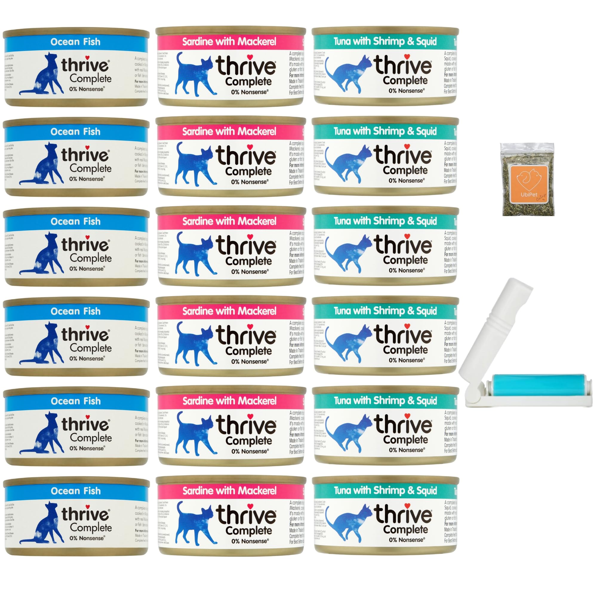Wet Cat Food Bundle With Thrive Complete Fish Flavours (Ocean Fish, Sardine,Tuna with Shrimp and Squid total 18 tins x75g) plus UbiPet Catnip and Lint Roller