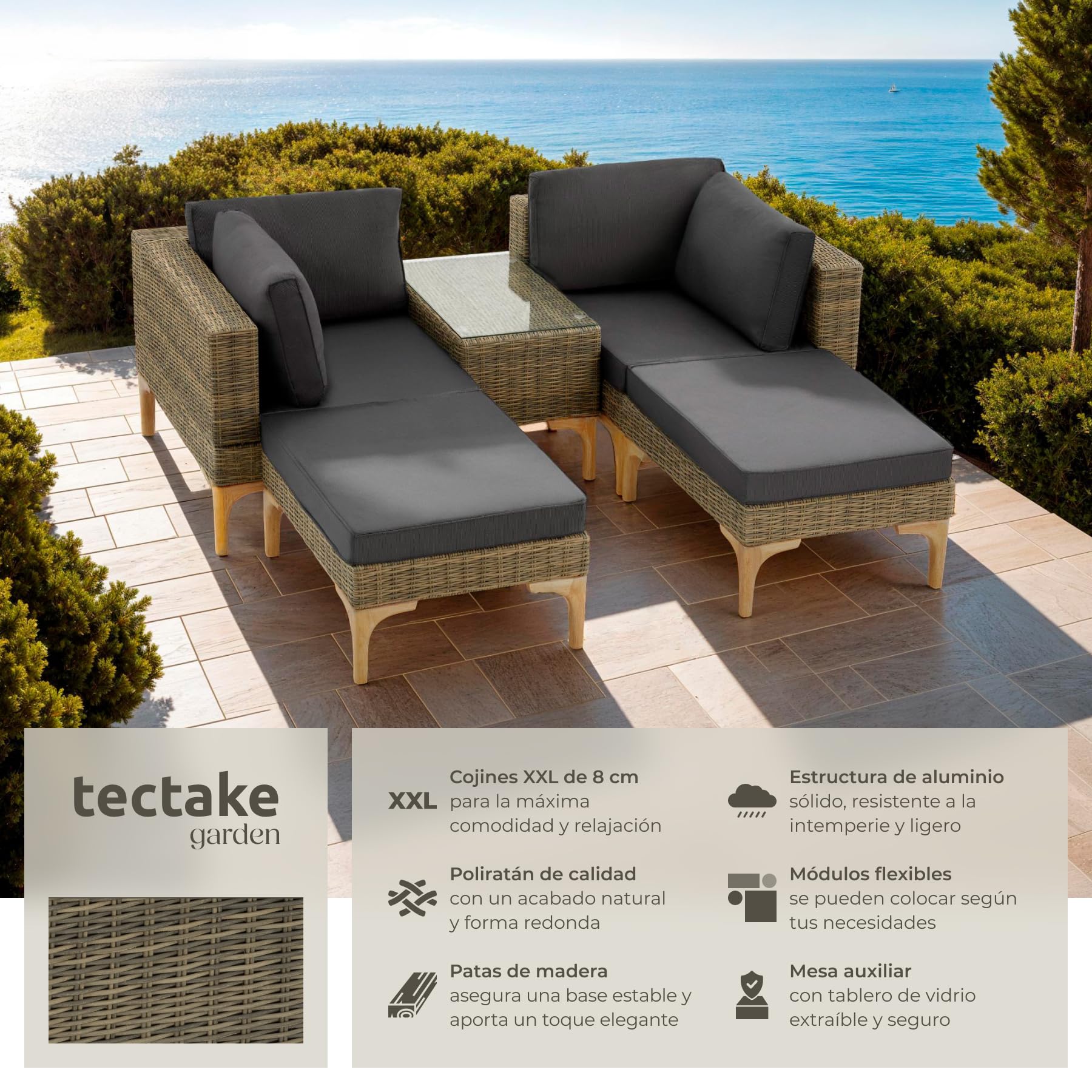 TecTake® Conjunto Jardín en Ratán y Aluminio con Cojines, Conjunto Terraza Resistente a la Intemperie, Muebles Jardín Exterior 2 Sillones, 2 Taburetes, 1 Mesa con Cristal, Fundas Extraíbles - Natural