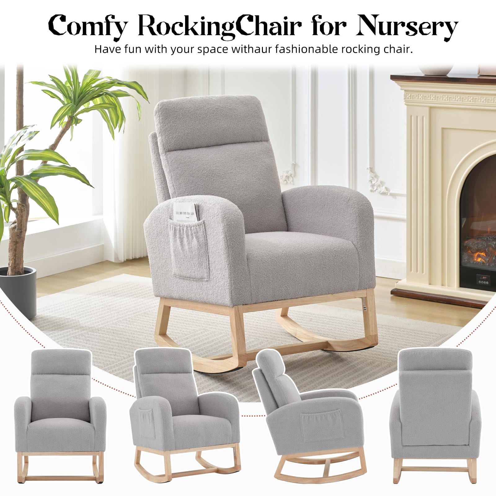 GarveeTech Fauteuil à Bascule Classique Plat avec Châssis Bois et Rembourrage Dossier Haut, Pieds Bois Naturel, Peluche Teddy, Gris Clair