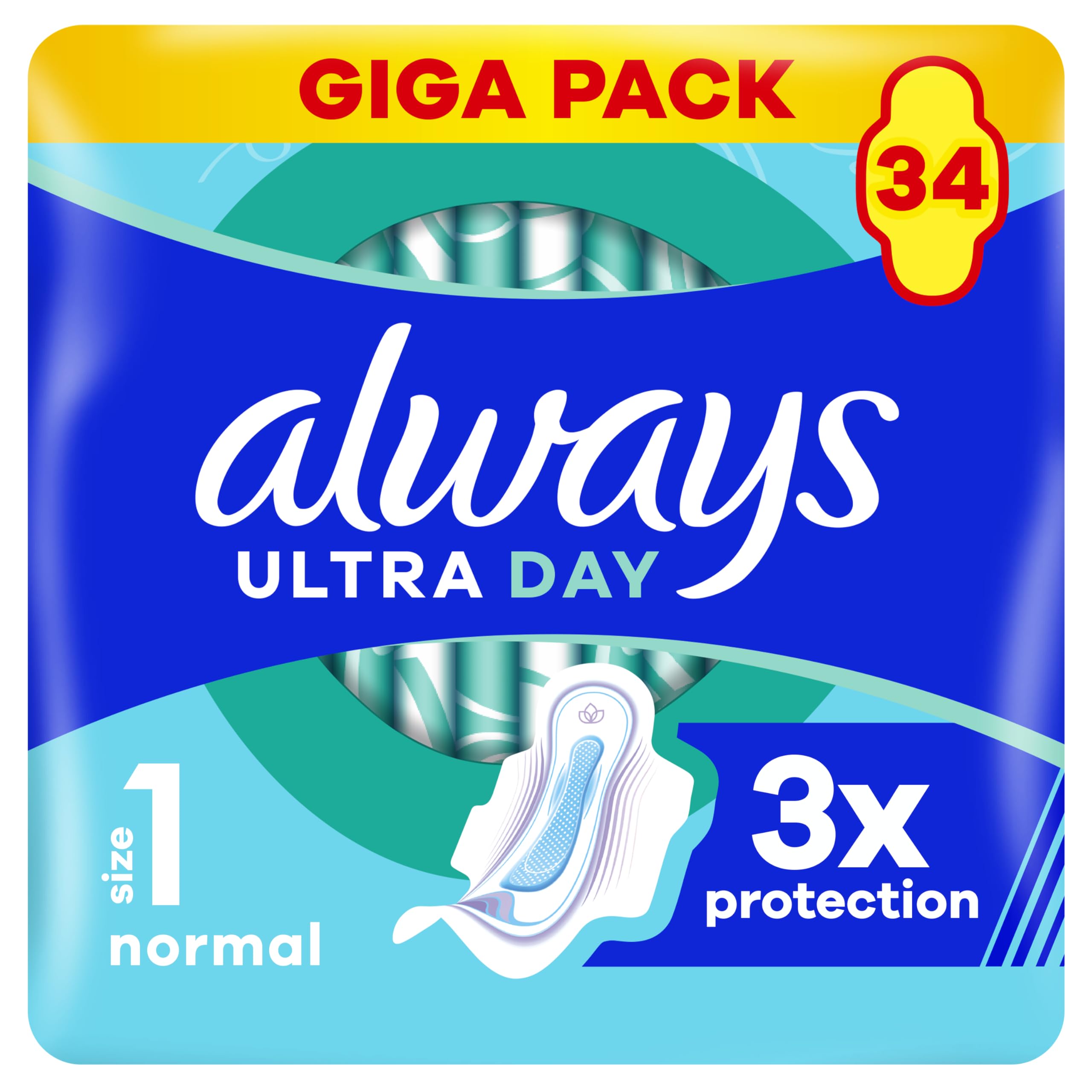 Always Ultra Day podpaski higieniczne normalne (rozmiar 1) ze skrzydłami, 34 sztuki, super chłonne i ultra cienkie, na okres