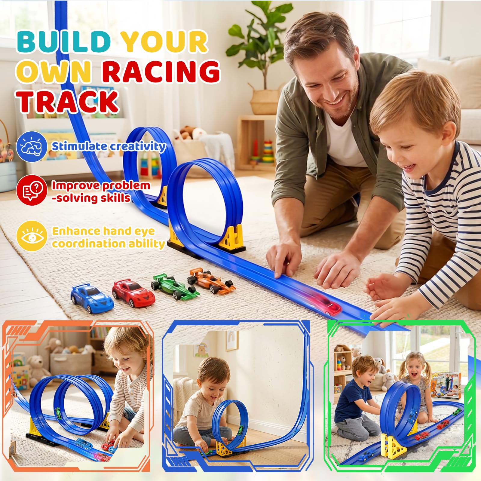 5 Metri Pista Macchinine, Pista Macchinine Flessibile, Giocattolo portatile pista per auto da, Rotola su Rampe a Doppia Pista, Con 4 Macchine, per Bambini 3 4 5 6 7 Anni+