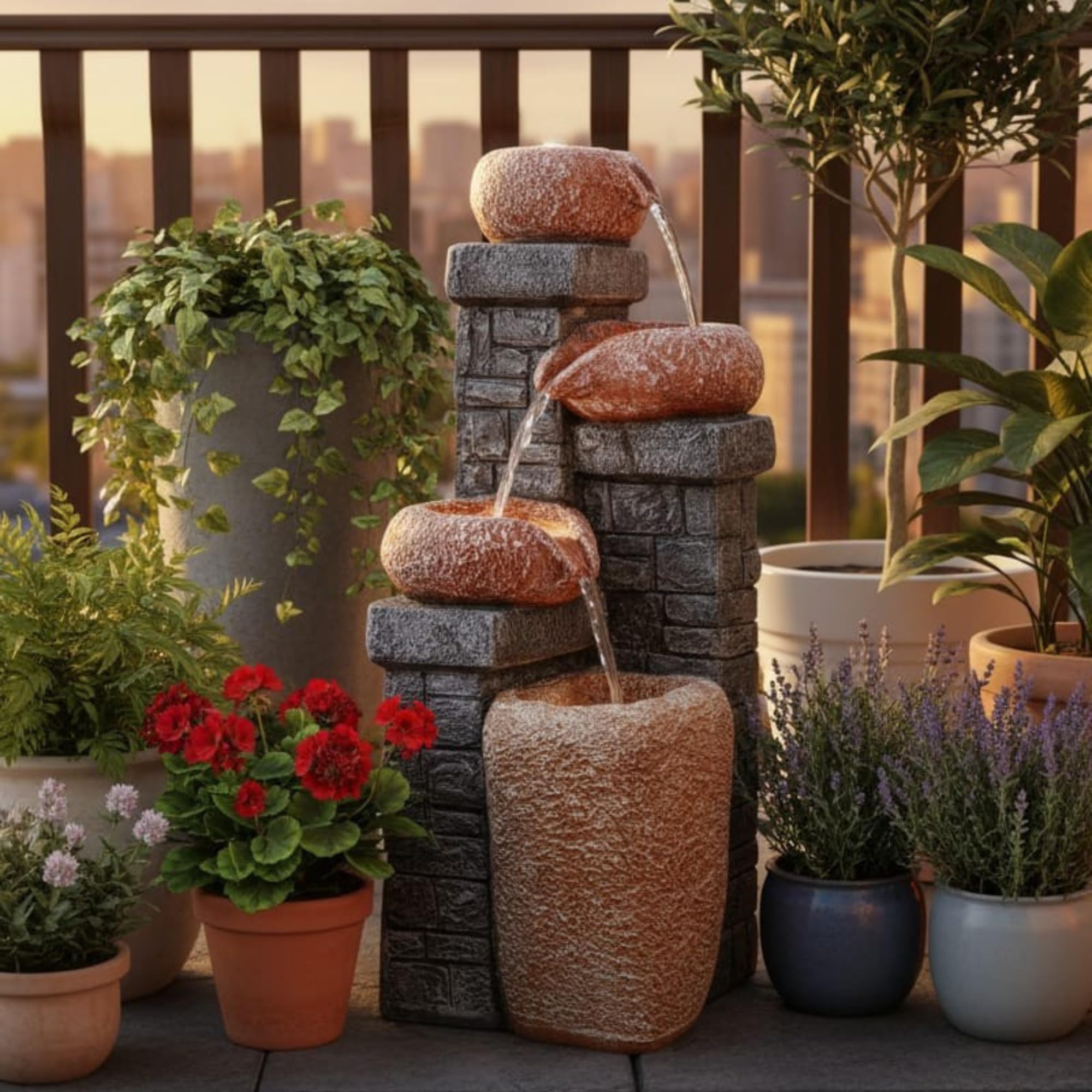 Expleasia Tiered Cask Stone Brick Water Fountain, Water Fountain for Home Big Size, Water Fountain for Garden, Water Fountain for Home vastu, Fountain for Home décor Waterfall (Grey)-image-0