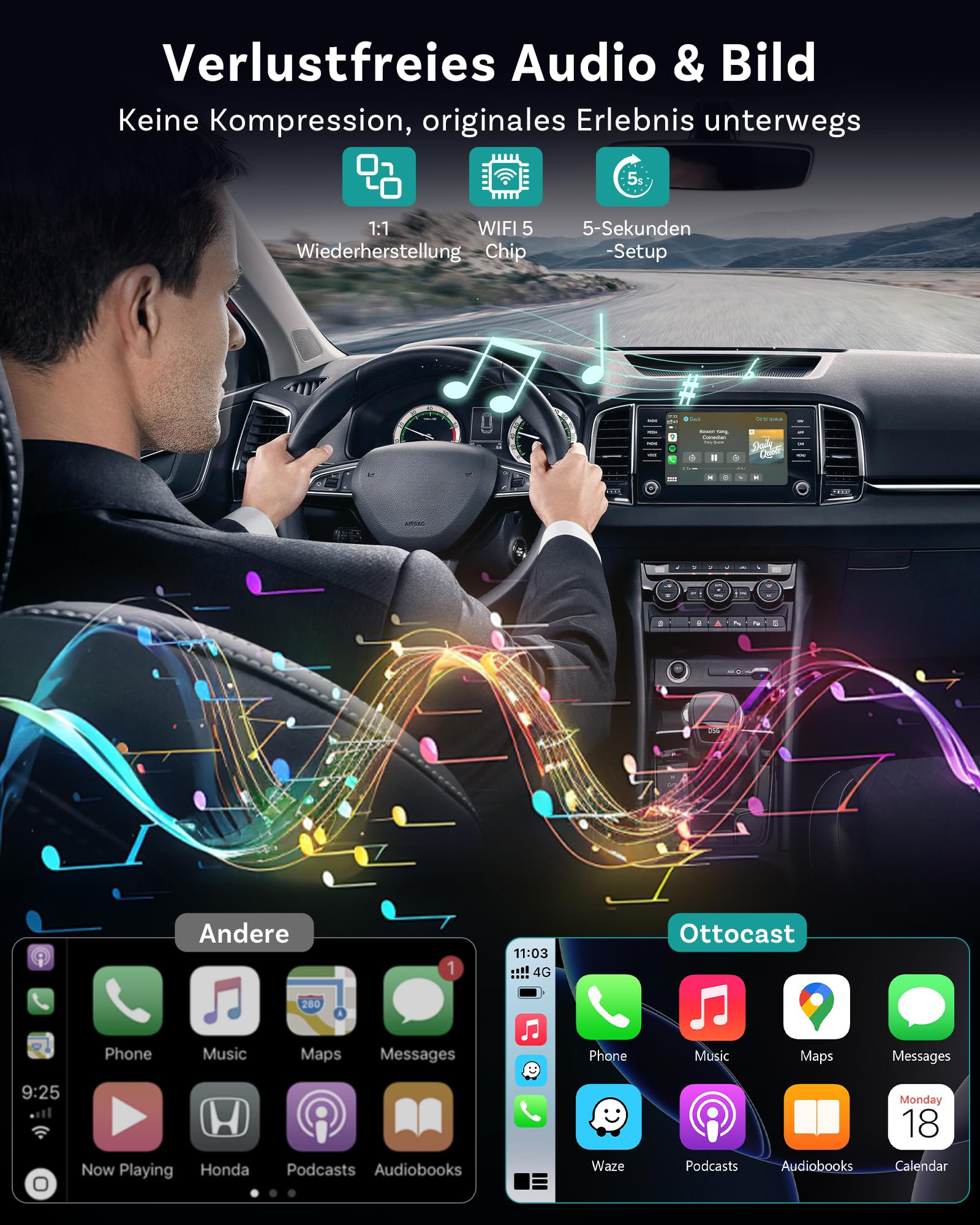 OTTOCAST Mini Nova 2026 Upgraded, Kabelloses CarPlay & Android Auto Adapter, Dual-Band WiFi, Bluetooth 5.0, Plug & Play USB, Für OEM Kabel-CarPlay Fahrzeuge ab 2016