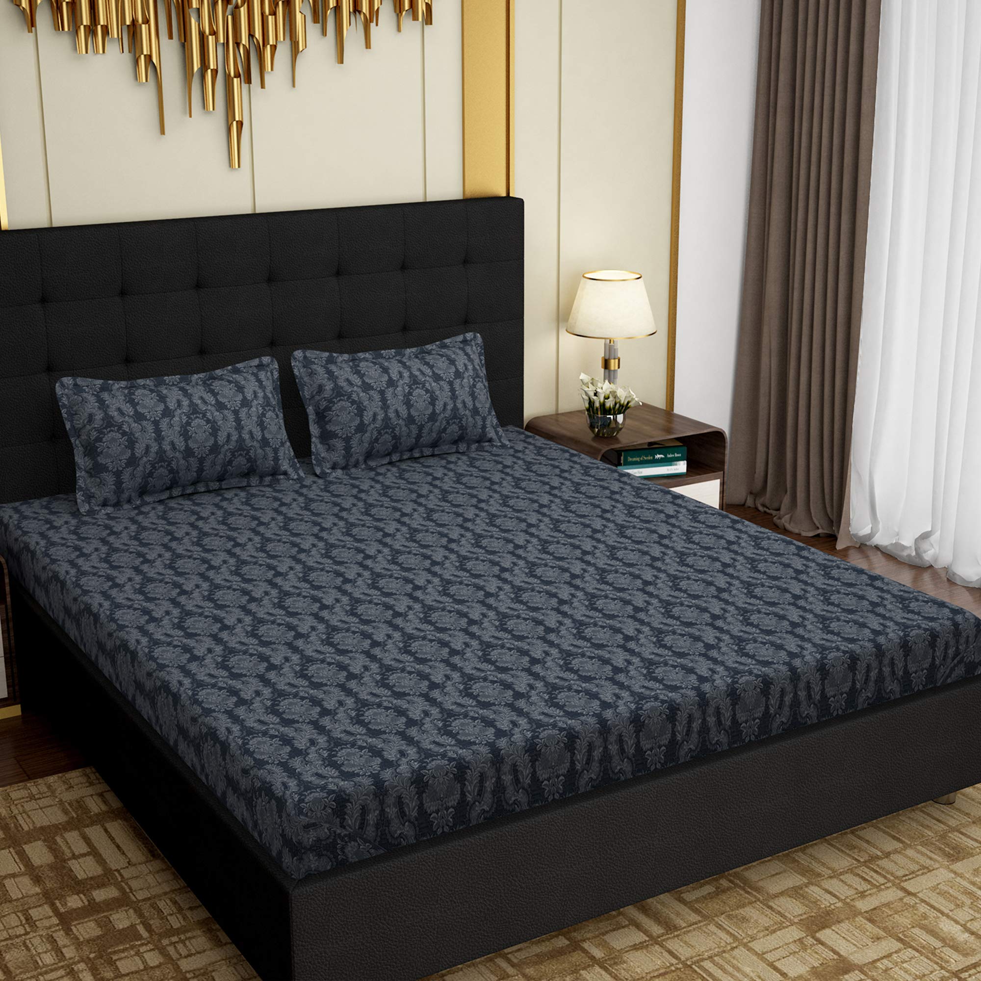 PAVO Studio Mollis Homes Bedsheet Collection, Bedsheet King Size Bed Cotton, 300 TC Fine Cotton Bedsheet with 2 Pillow Covers, Brocade Pattern, Blue