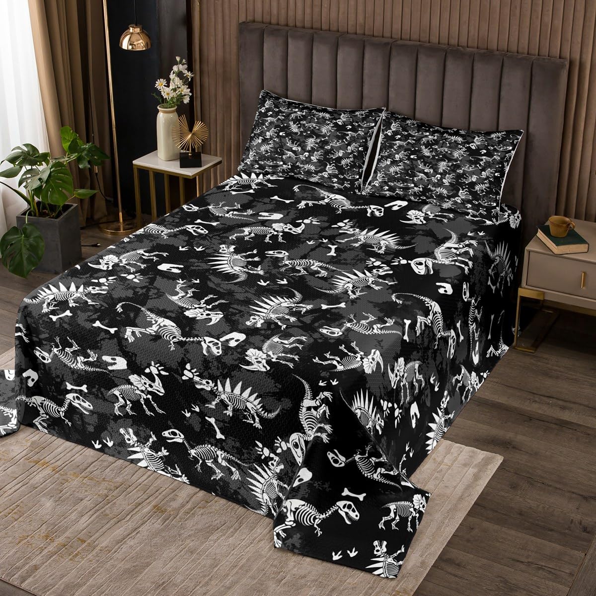 Dinosaur Bones Quilt Set for Kids Teens,Dinosaur Skeleton Bedspread Coverlet,Black White Gray Bed Cover Animals Skull Bedding Set Decorative Quilted 2 Piece Coverlet Set with 1 Pillow Sham,Twin Size