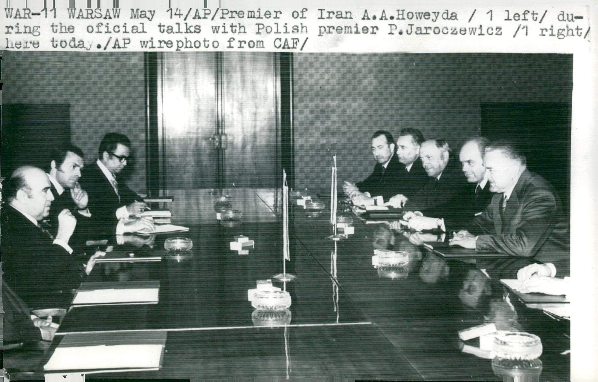 Vintage photo of Iran39;s Prime Minister Amir-Abbas Hoveyda et al. during the meeting with Poland39;s Prime Minister Piotr Jaroszewicz t.h.