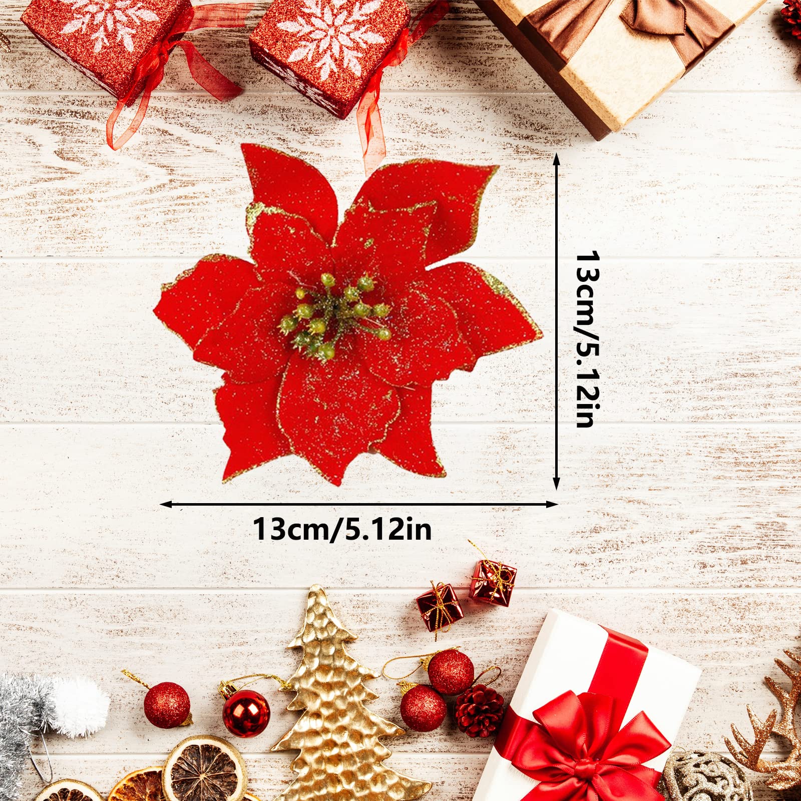 15 Fleurs De Poinsettia Pailletées Noël – 14x14 Cm – Rouge, Or, Argent – Décoration Sapin, Guirlande, Mariage, Fête - 2
