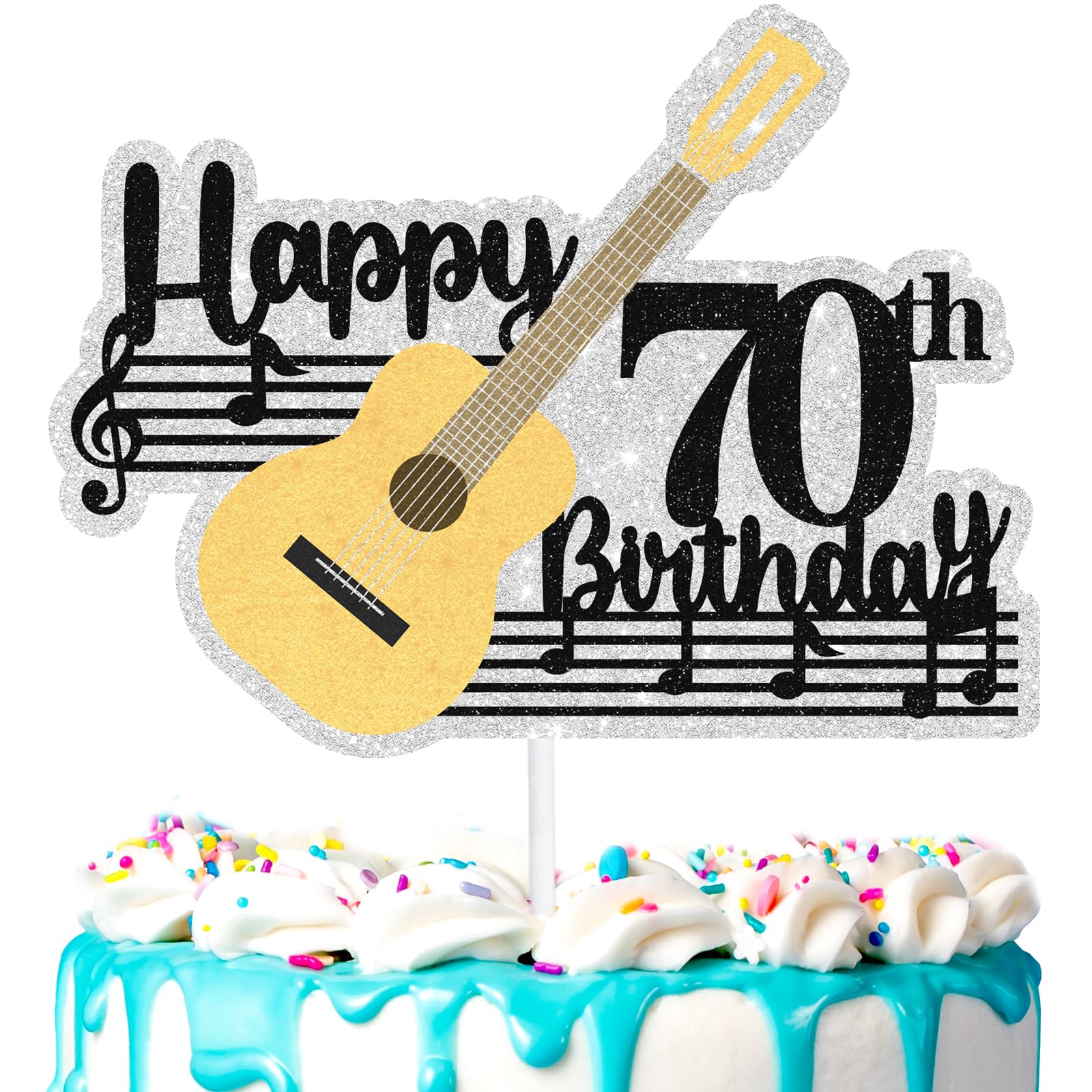 Guitar Cake Topper 70th Music Theme Happy Birthday Note Decoration, Musician Birthday Party for Men and Women, Rock Guitar Party, Retirement Party, Anniversary Decoration Supplies (70th)