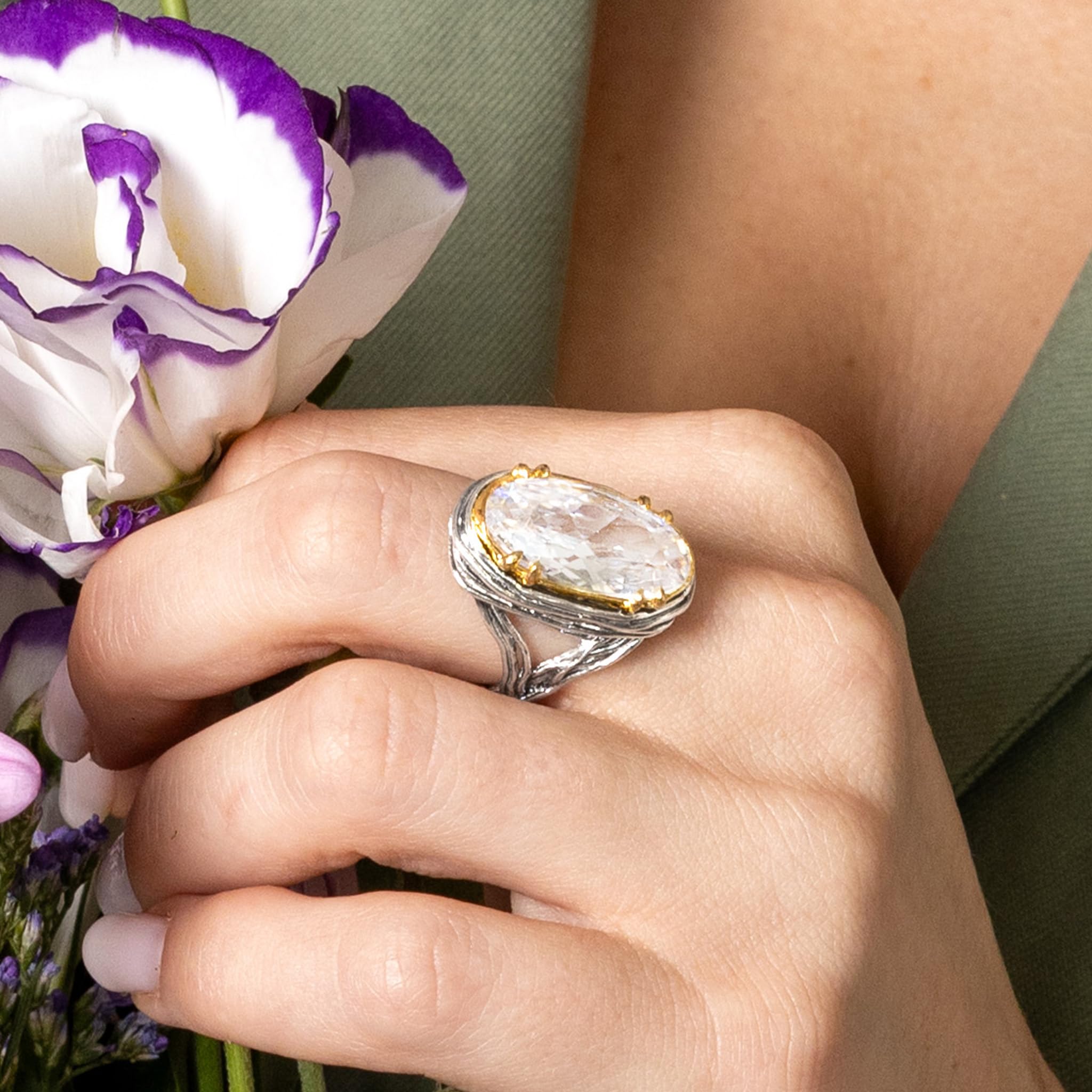 Ring aus gemischtem Metall, oval, Zirkonia, Draht-Wickelring Jean Rachel Jewelry