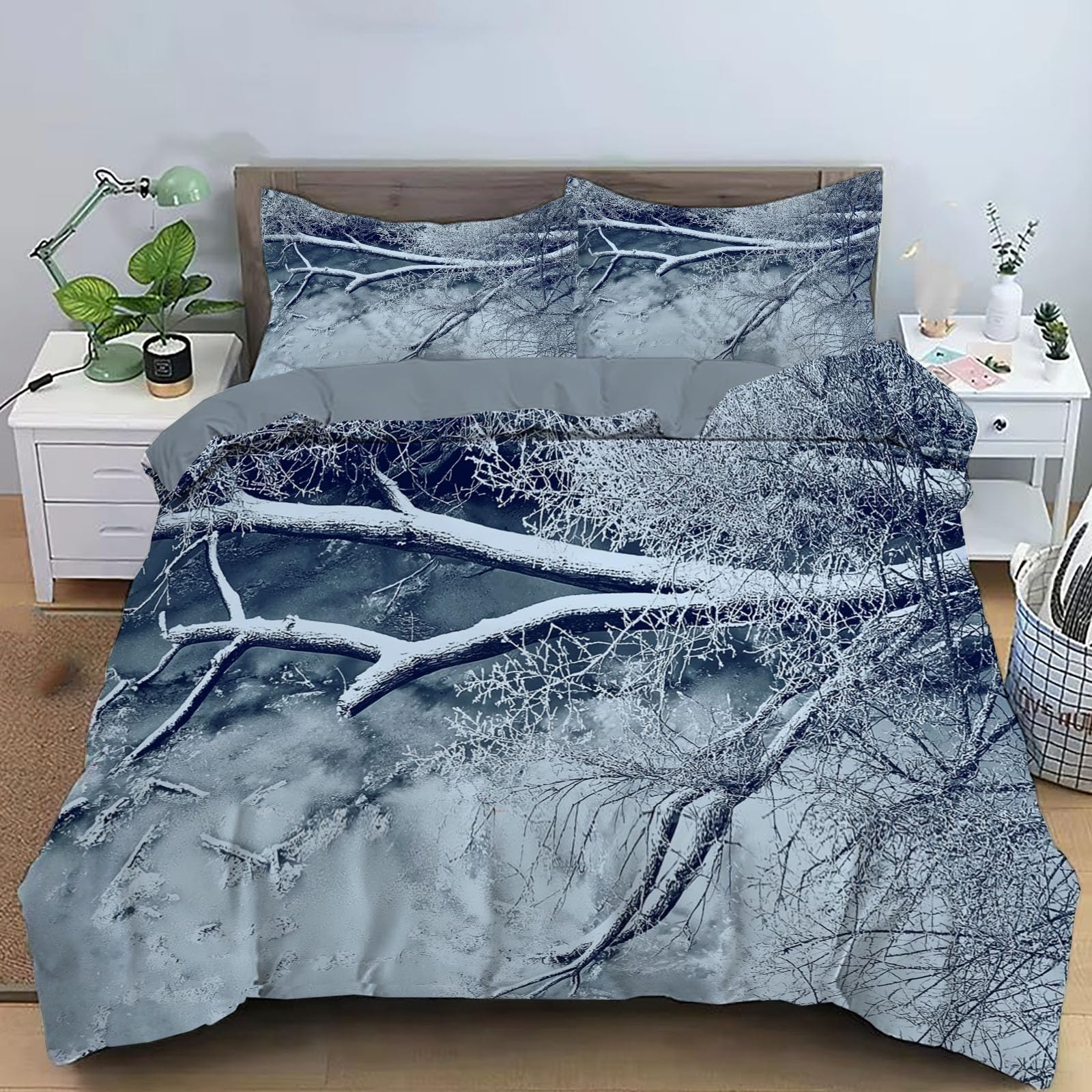 Housse de couette 240x260 parure de lit 3 pièces bleu gris avec 2 taies d'oreiller 65x65