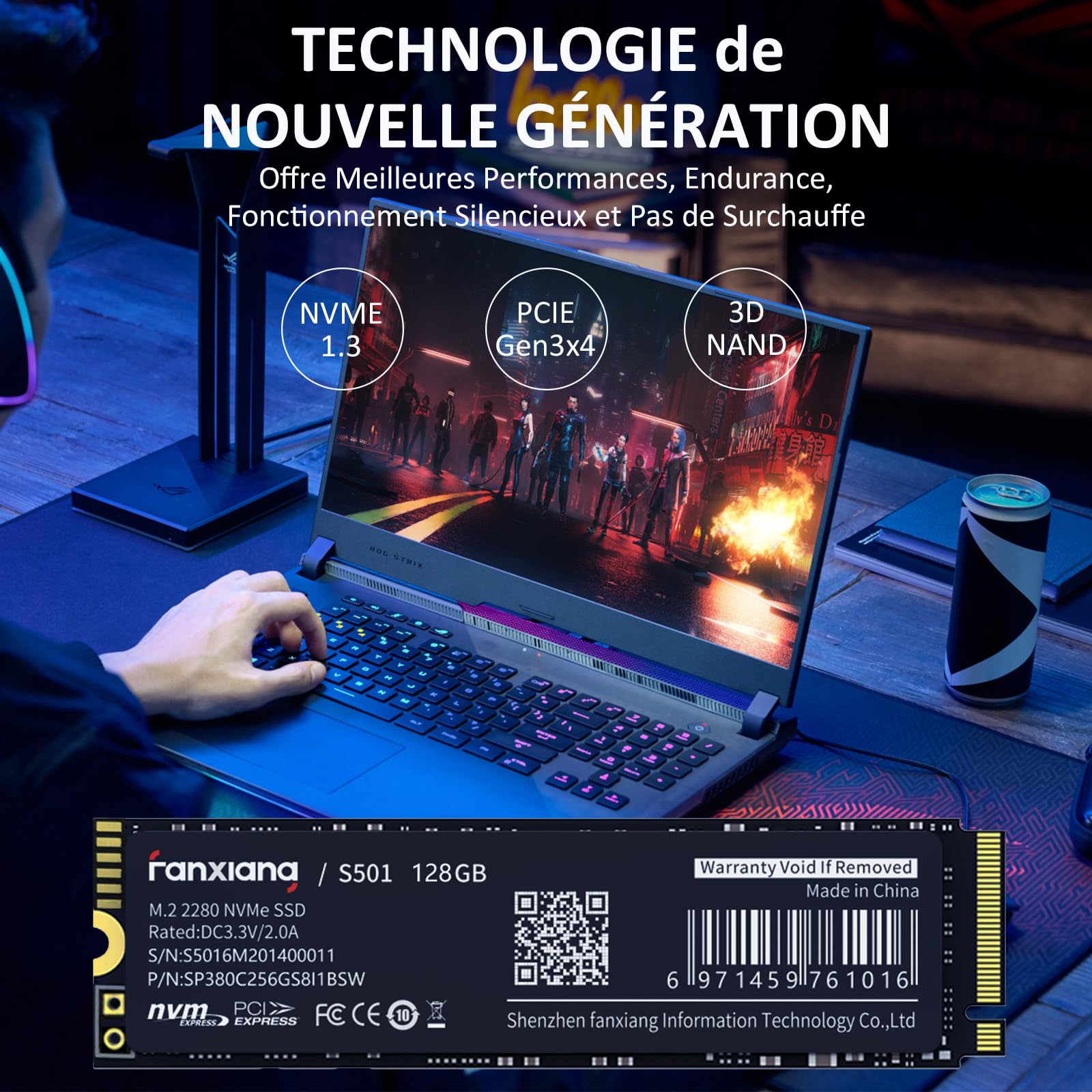 fanxiang S501 SSD NVMe 128Go M.2 PCIe Gen3.0x4 2280 Interne, Jusqu’à 1200 Mo/s en Lecture, Disque Dur SSD Compatible avec Ordinateurs Portables, PC et Ordinateurs de Bureau