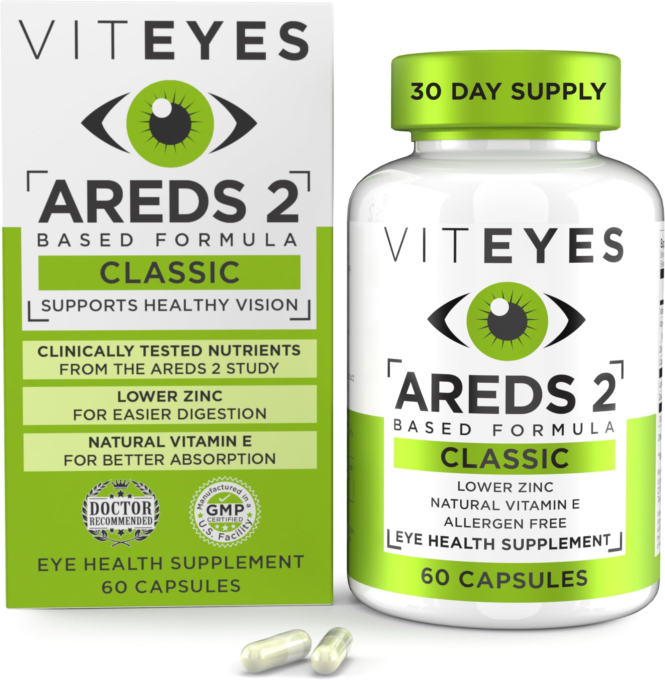 Viteyes AREDS 2 Eye Vitamins, Now with Natural Vitamin E, Smaller Capsules, Lower Zinc, Allergen Free, Lutein, Zeaxanthin, Manufactured in The USA, Eye Doctor Trusted, Classic Macular Support, 60 Ct