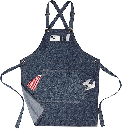 Delantal de mezclilla de algodón para hombres y mujeres, delantal de chef con espalda cruzada con bolsillos grandes, correas extraíbles para cocina,