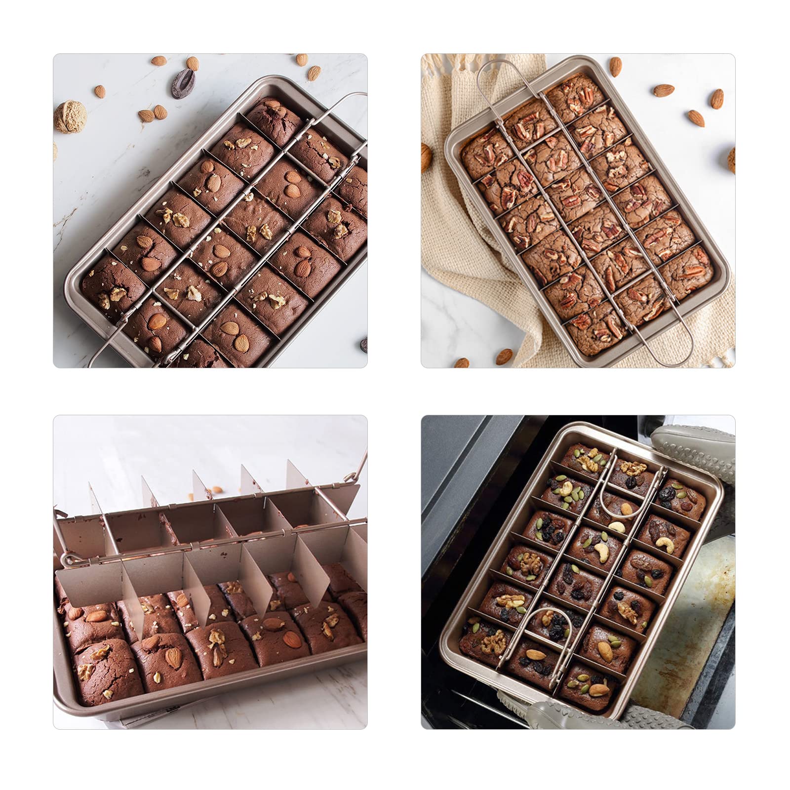 Molde para brownie con divisores, bandeja antiadherente para hornear brownies, bandeja de acero al carbono para hornear 18 piezas con empuñaduras para hornear pan, bandeja cuadrada para hornear