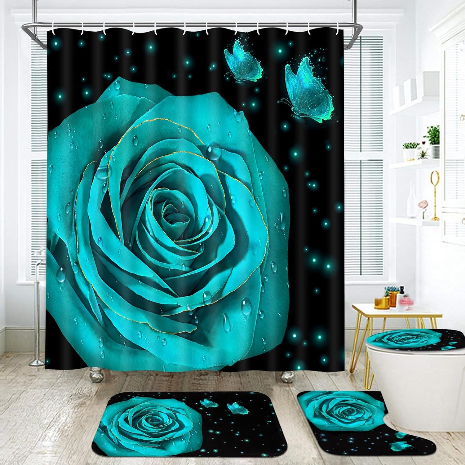 Likiyol 4 Pcs Teal Rose Shower Curtain Sets with NonSlip