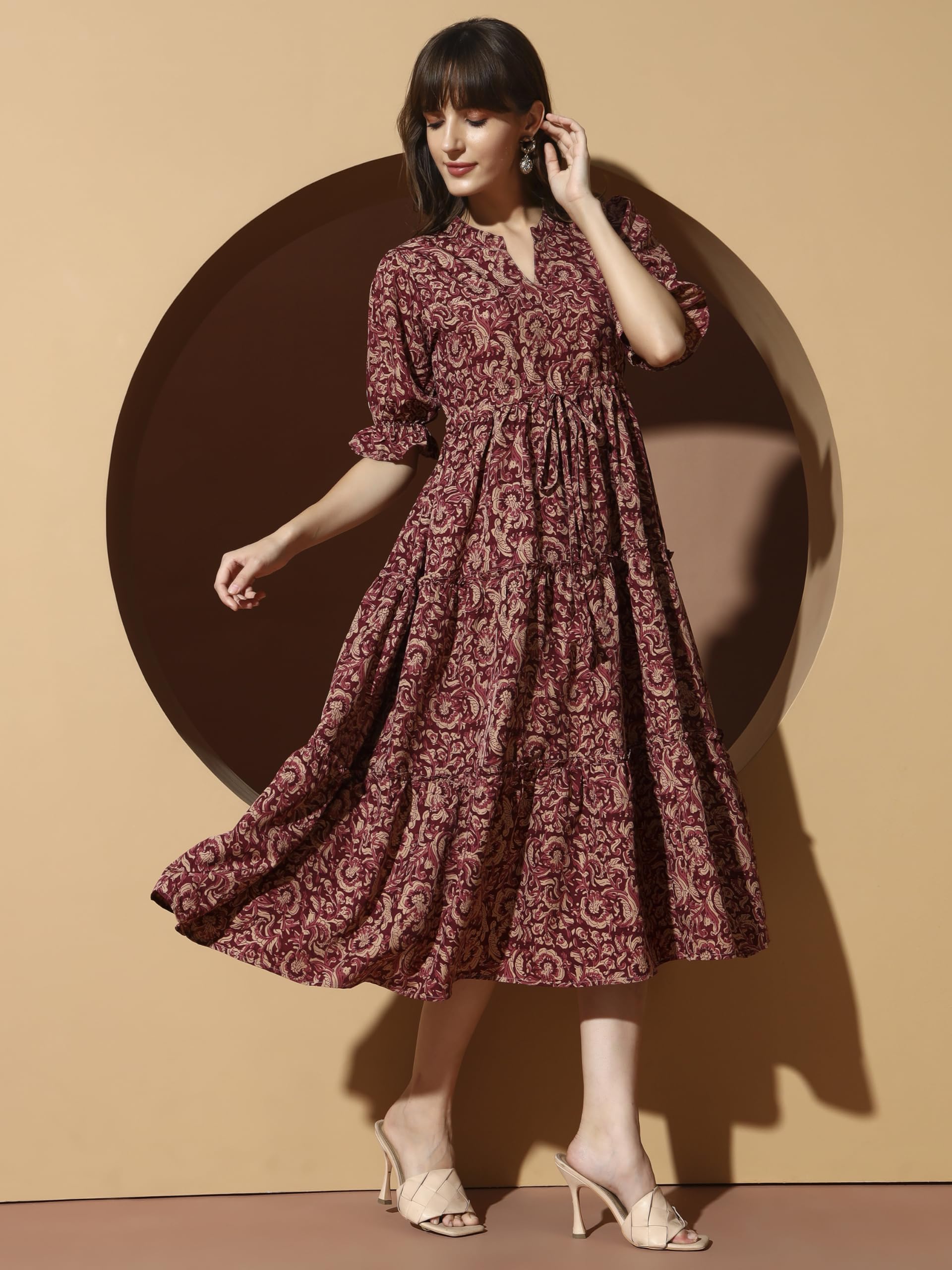 KZULLY Vestido para mujer | Vestido midi | estampado floral | tela de poliéster | Manga acampanada étnica | Ajuste escalonado y acampanado | Casual y festivo
