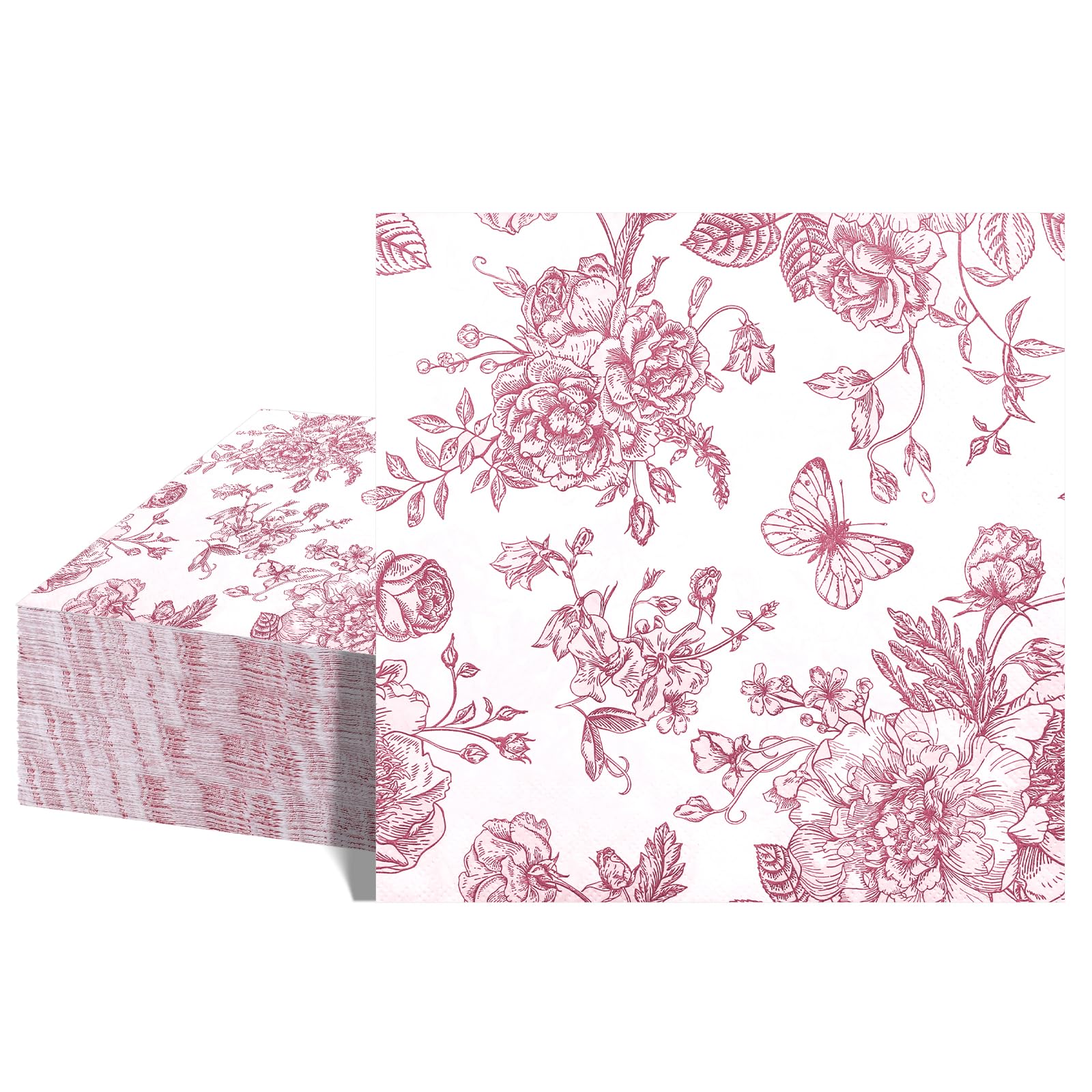 40 Pcs Pink Floral Napkins, Disposable Pink and White Toile Cocktail Napkins Chinoiserie Party Serviettes Vintage Flower Butterfly Design Napkin for Garden Party, Bridal Baby Shower(2 Ply 33 cm)