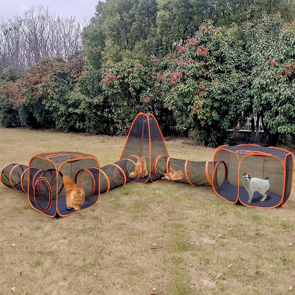 Portable Outdoor Cat Enclosure with Tunnels 6-in-1 Upgraded Reinforcement Pet Playpen Tent House Cage DIY in Multiple Ways for Inside/Outside Rabbits