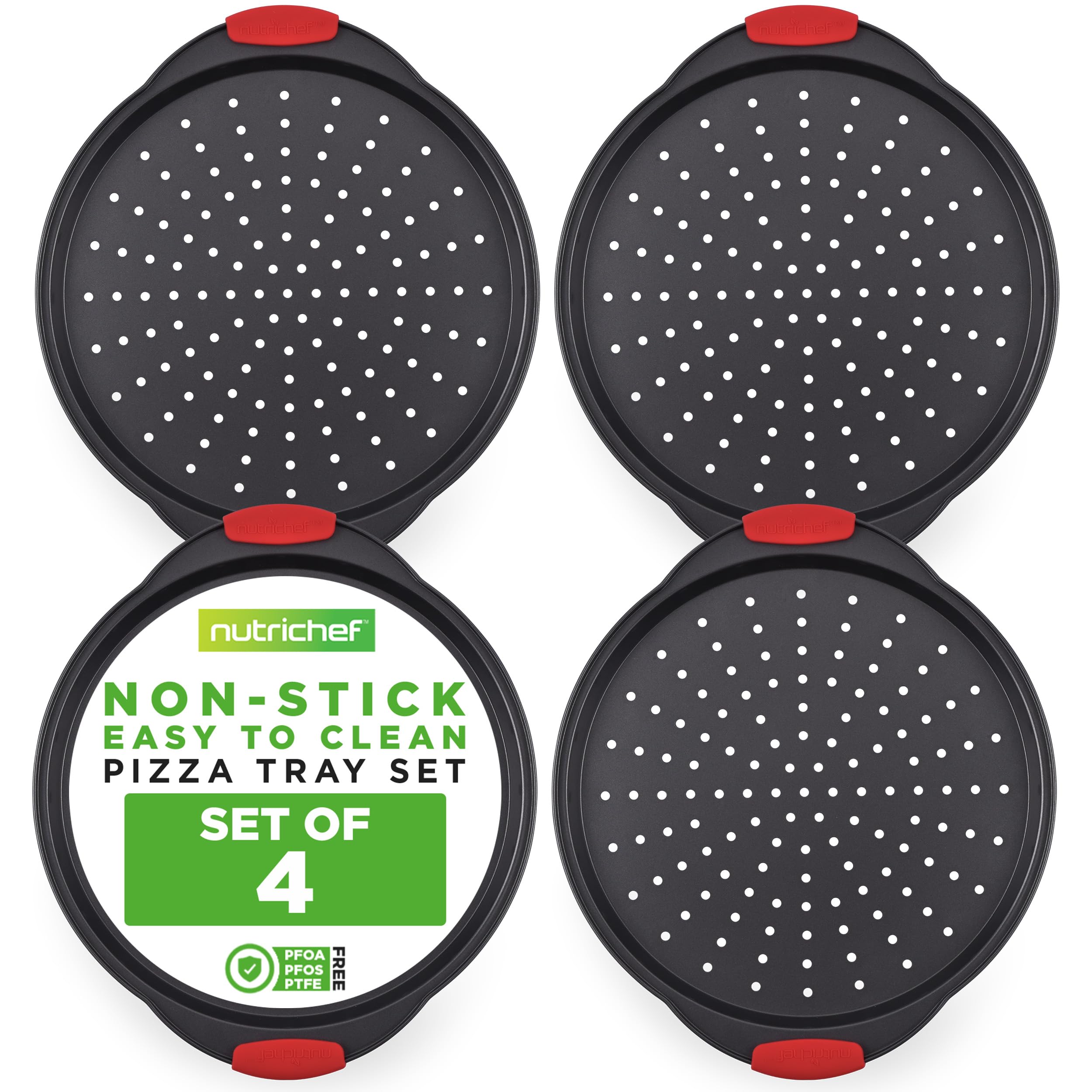 Nutrichef Non-Stick Pizza Tray with Silicone Handles, 4-Pack Round Steel Non Stick Pans with Perforated Holes, Premium Bakeware, Pizza Trays, Dishwasher Safe
