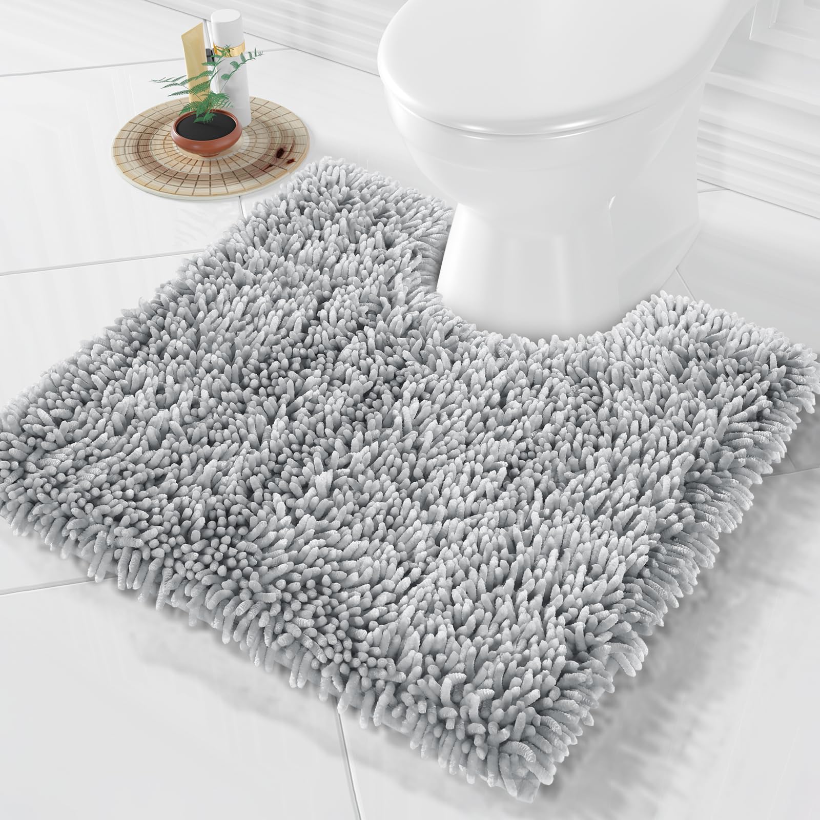 Yimobra Toilet Rugs U Shaped Washable, Extra Thick Soft Absorbent Chenille Contour Bathroom Rugs for Toilet 24x24 Inch, Quick Dry Non Slip Toilet Mat for Bath Floor, Light Grey