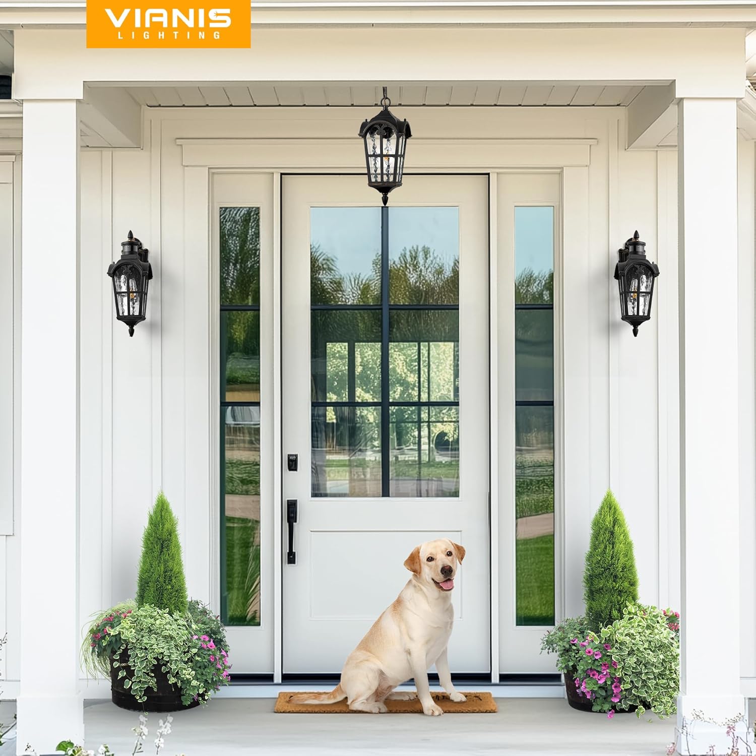 VIANIS Black Outdoor Pendant Light Lantern with Gold Trim, Outdoor Hanging Lights with Ripple Glass, Aluminum Outside Chandelier for Porch Waterproof and Anti-rust, Ceiling Fixtures for House Entryway