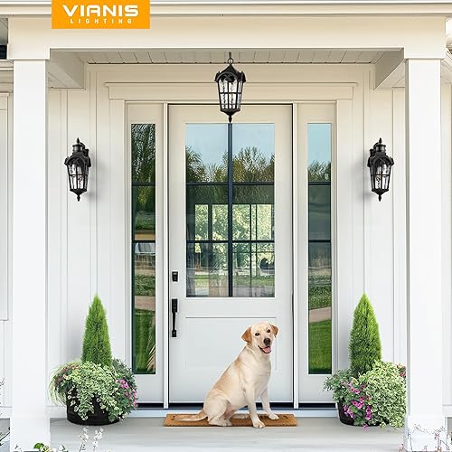 Miniatura 8 de VIANIS Linterna colgante negra para exteriores con borde dorado, luces colgantes para exteriores con vidrio ondulado, lámpara exterior de aluminio