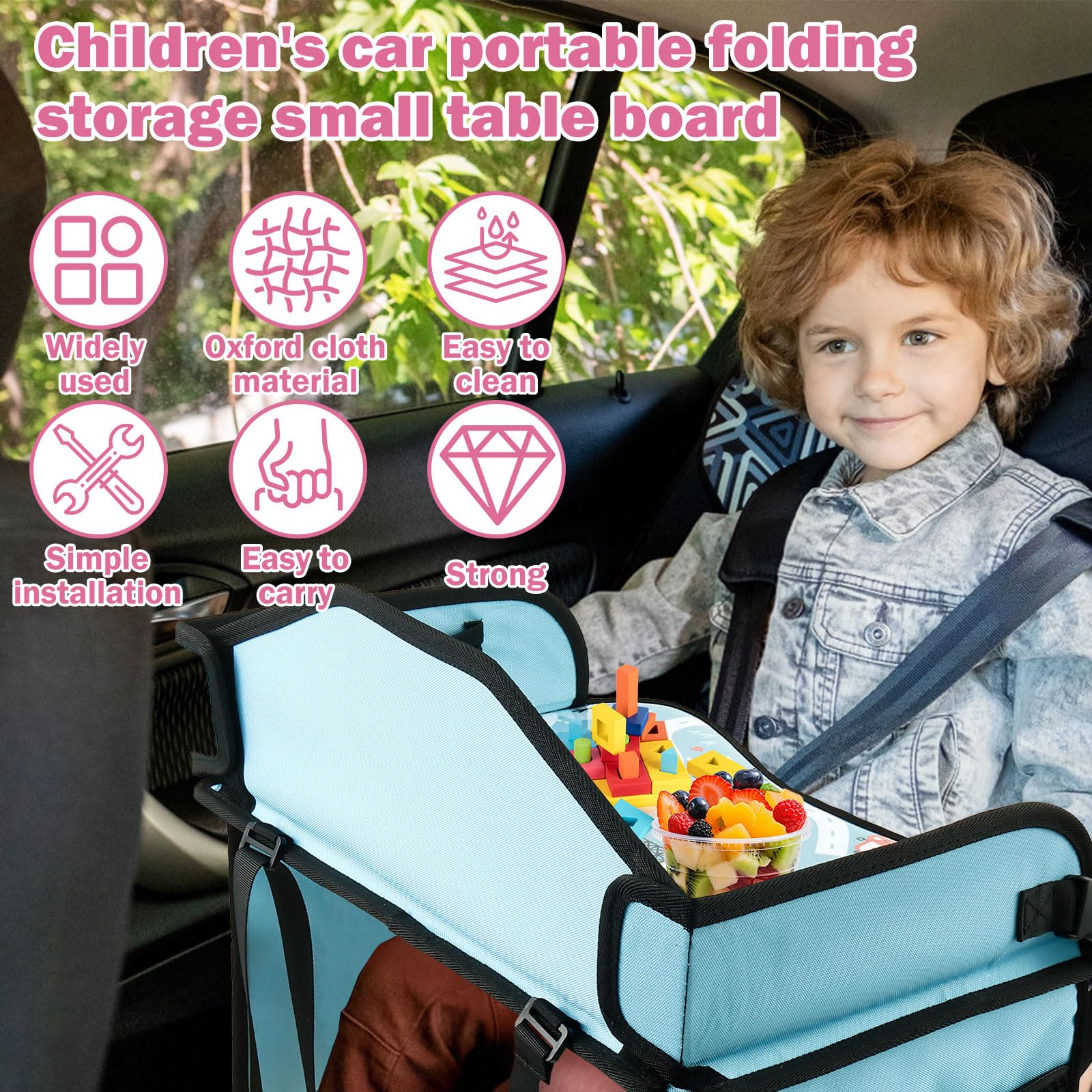 Plateau de voyage pour enfant - 43,5 x 33 cm - Avec bandoulière - Poches latérales - Pliable - Siège enfant - Table de voyage - Siège auto - Pour voyage d'enfant - Bleu