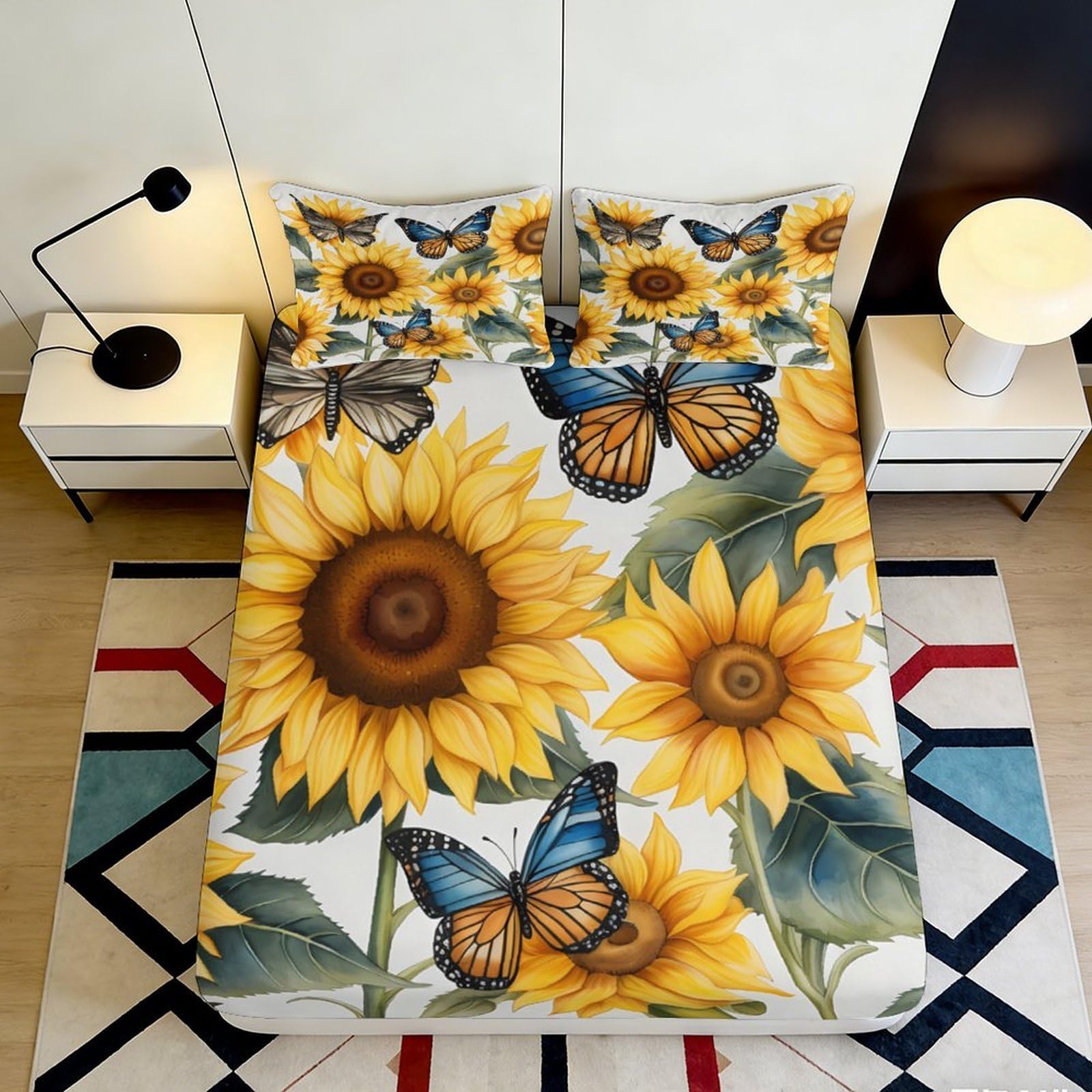 3D Printed Sunflower Butterfly Fitted Sheet Microfiber Soft Breathable Bed Cover for Bedroom Dorm Mattress Protection Decor 120x200x25cm