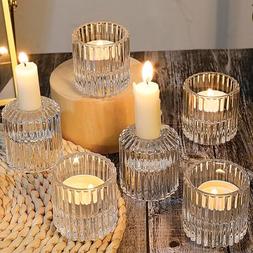 Miniatura 5 de Juego de 6 portavelas de vidrio reversible de vidrio acanalado transparente, portavelas cónicos para candelabros para centro de mesa, boda, fiesta