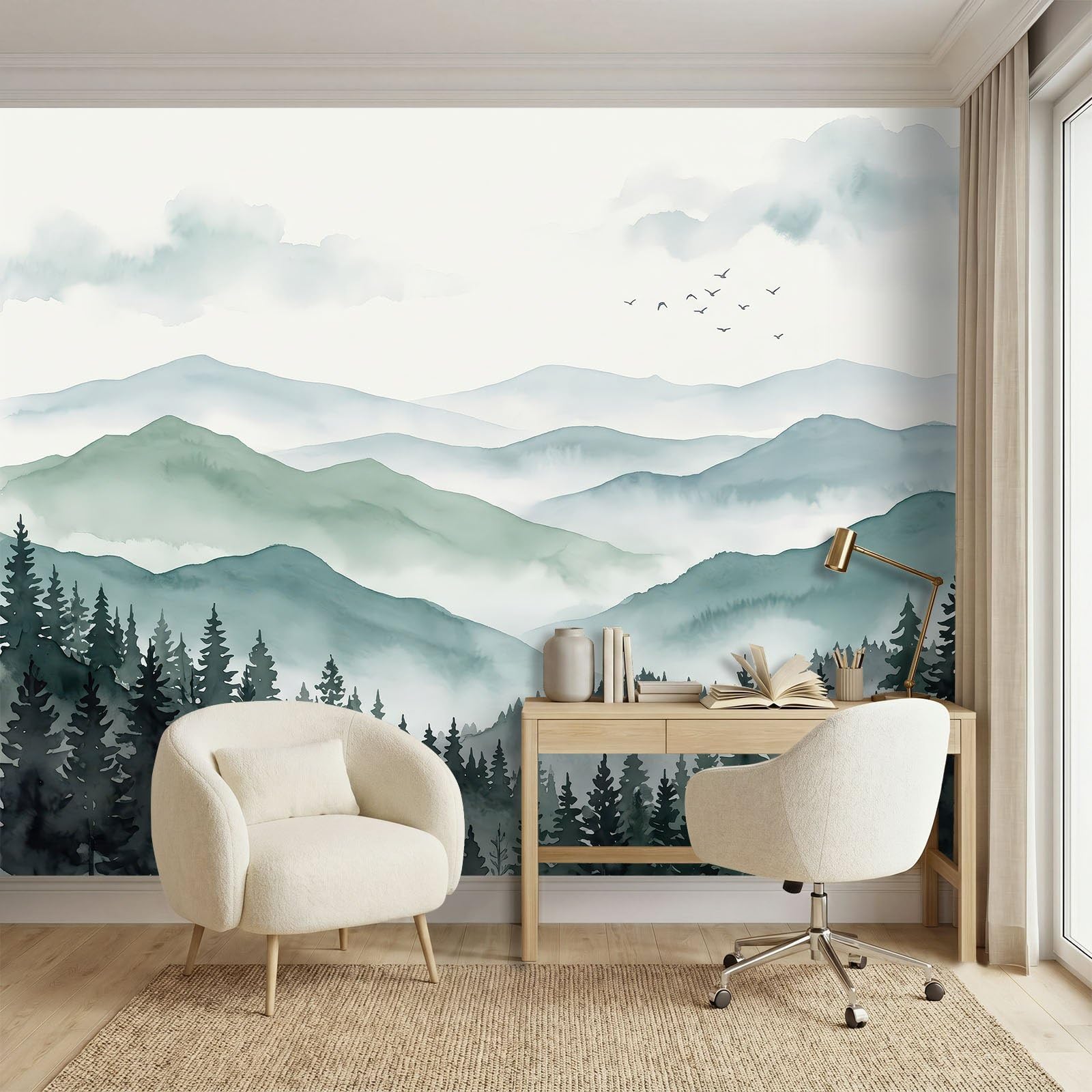 Panoramiczna tapeta 350 x 256 cm, tapeta z rustykalnym krajobrazem góry dżungla sosny ptaki, fototapeta z włókniny - dekoracja ścienna do salonu, sypialni, biura lub pokoju dziecięcego