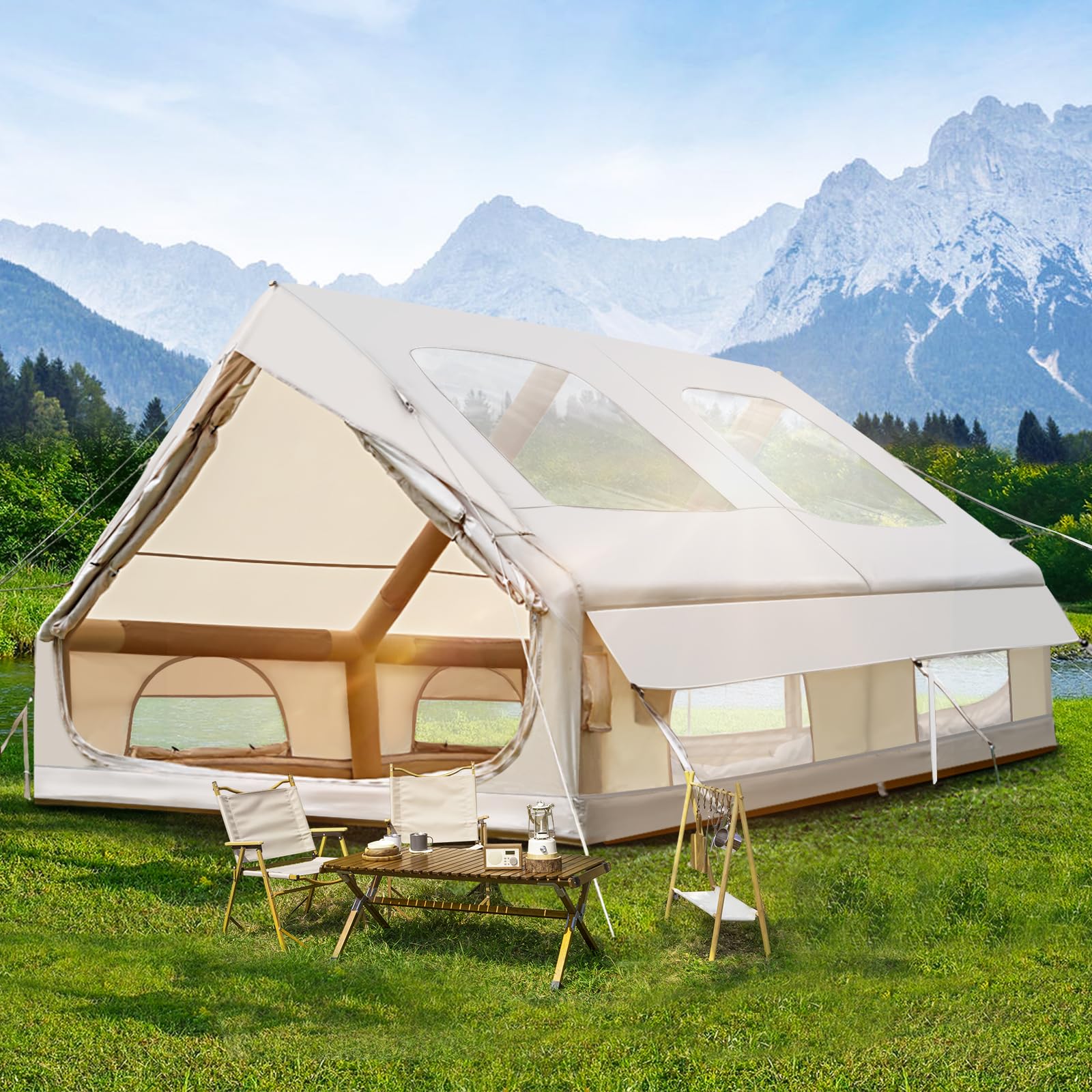 Tenda da campeggio gonfiabile 2-8 persone con apertura camino e lucernario, Oxford impermeabile 4 stagioni, pompa aria