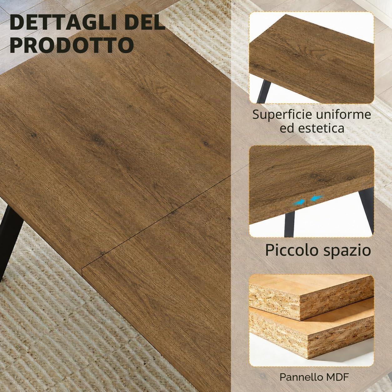 LEWE Tavolo da Pranzo Rettangolare, Tavolo Cucina in Legno, 160 x 80 x 75 cm per 6-8 Persone, Struttura in Metallo Solida, Tavolo Moderno da Cucina, Soggiorno e Sala da Pranzo, Marrone Noce