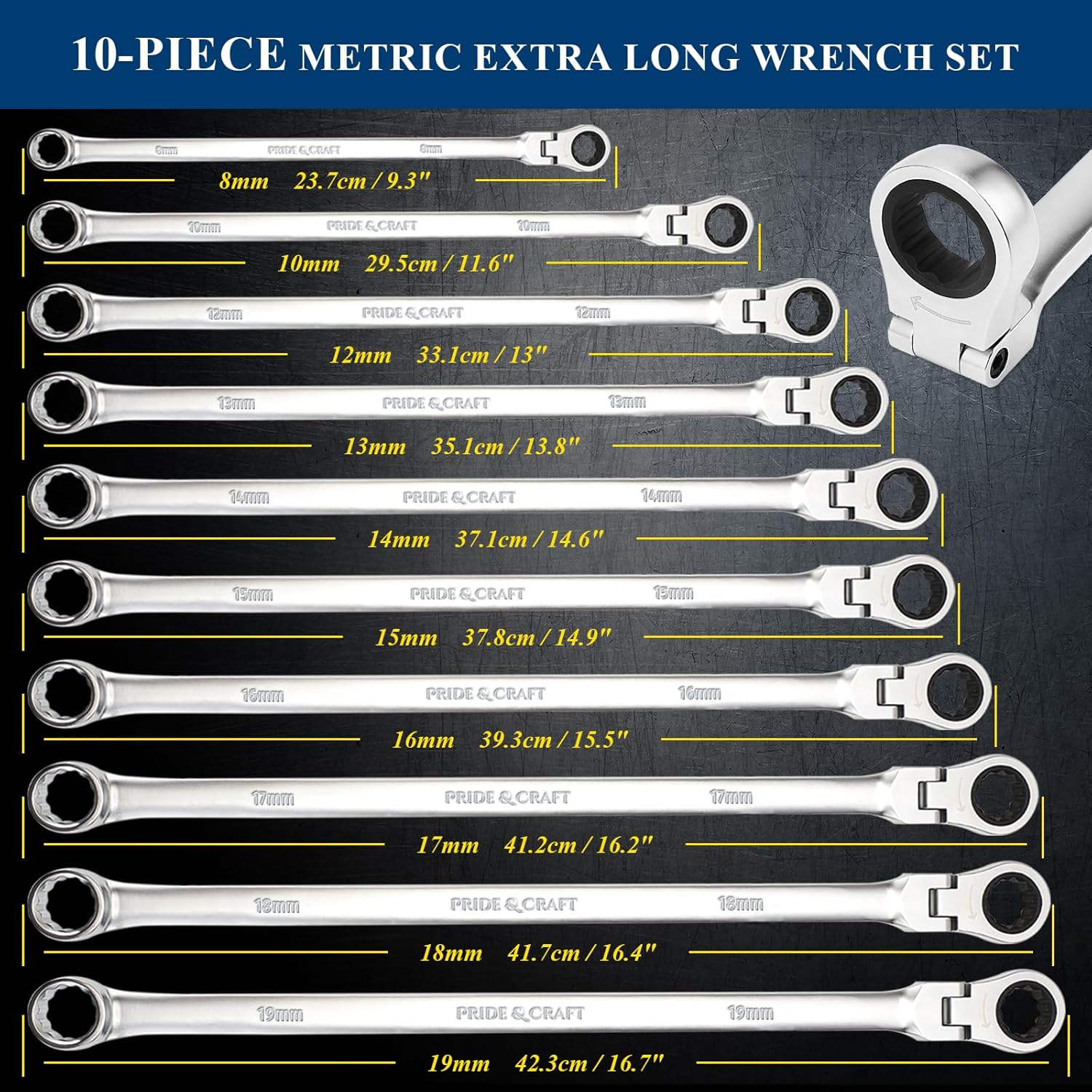PRIDE&CRAFT 10-Piece Extra Long Ratcheting Wrench Set - Metric Flex Head Double Box End (8-19mm) 2X Longer Wrenches, Chrome Vanadium Steel with 90-Tooth Ratchet for Automotive Repair