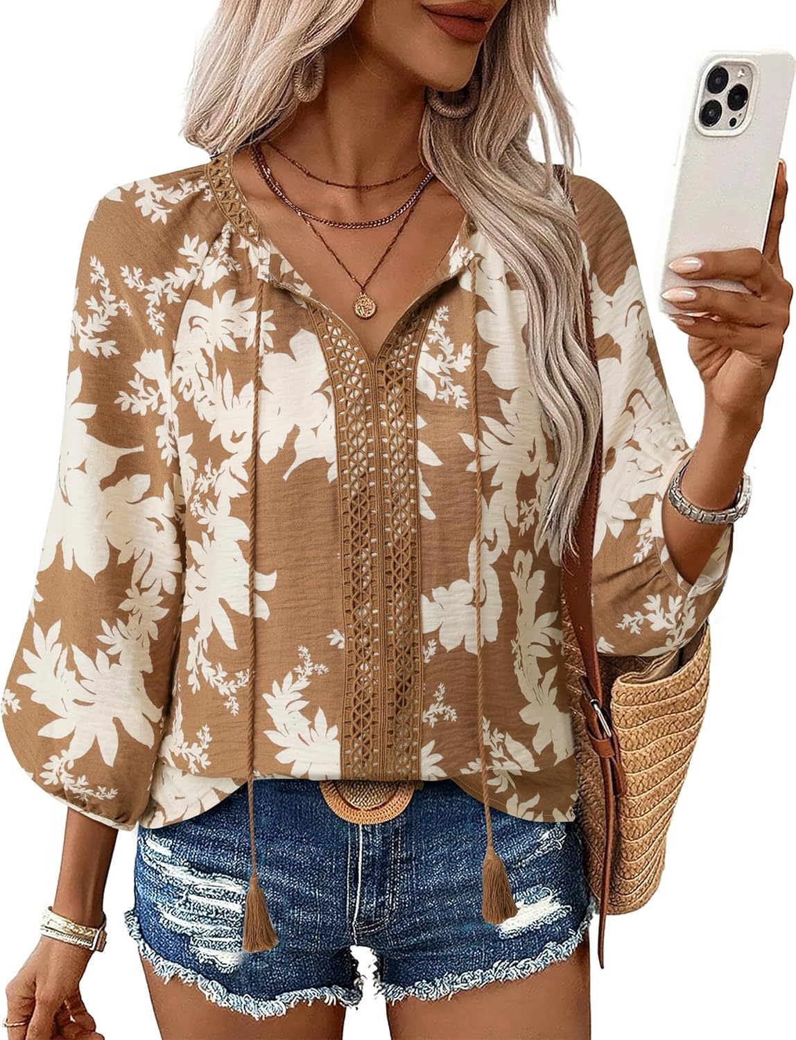 Gaharu Women's 3/4 Sleeve Boho Tops Casual V Neck Floral Print Loose Fit Blouses Tunic - Image 2