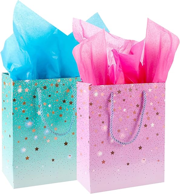 2 Pack Gift Bag, Medium Size Present Bag with 4 Tissue Paper Gift Bags for Birthday Party 18 X 23 X 10 cm