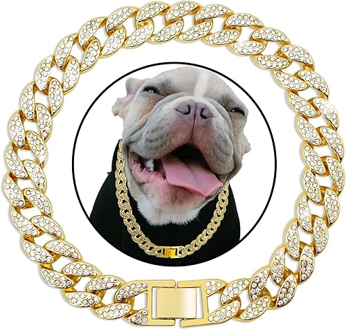 XINGTS - Collar de eslabones cubanos para perro, cadena de oro de diamante, cadena dorada de metal para perros con diseño de hebilla segura, collar