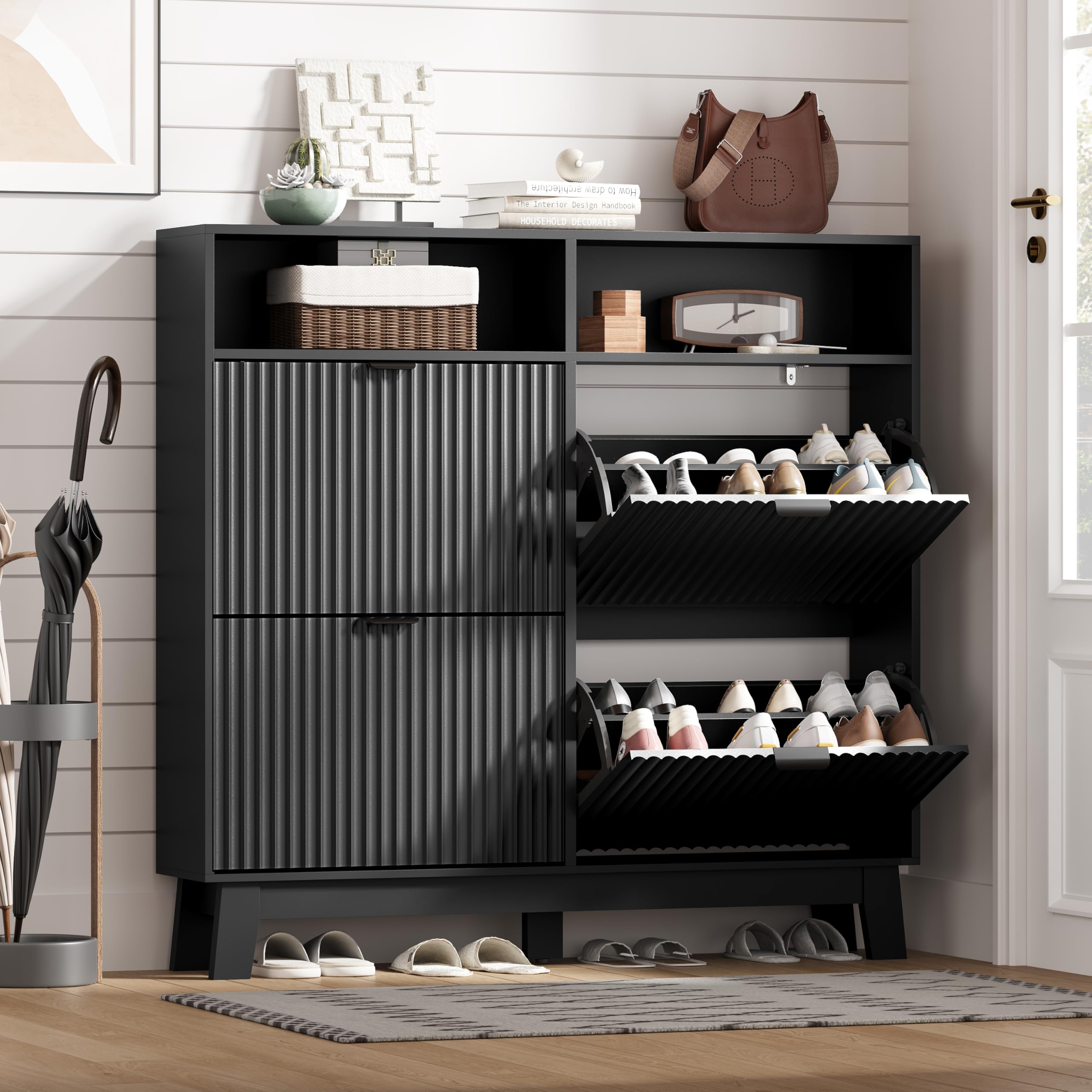 Shoe Cabinet Storage for Entryway with 4 Flip Drawers, Fluted Narrow Shoe Organizer with Wooden Legs &amp; Top Cubby, Freestanding Slim Shoe Storage Hidden Shoe Rack for Front Door Entrance, Black