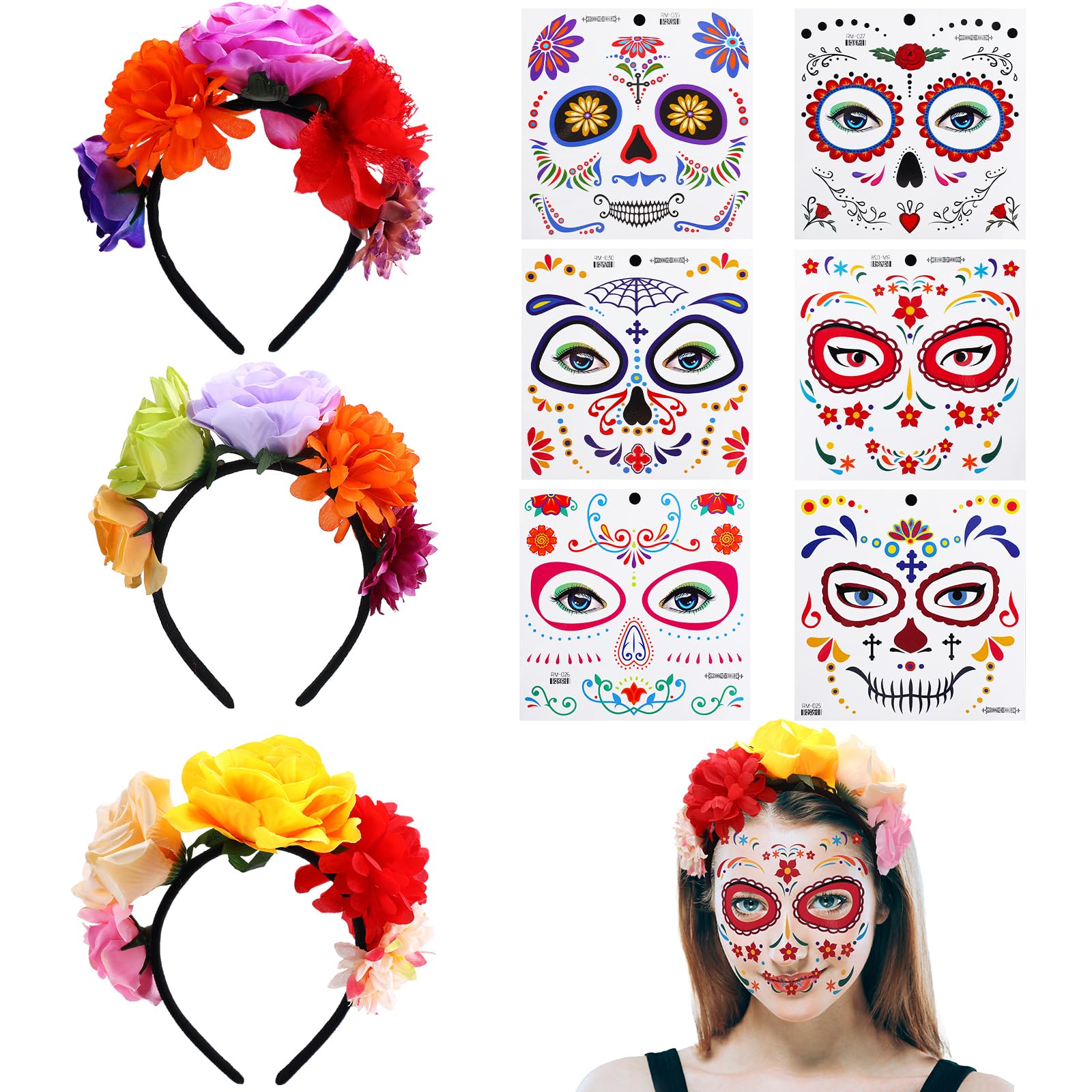 Blulu 9 Pcs Day of the Dead Headband D?¡a de Los Muertos Halloween Temporary Face Tattoo Set Sugar Skull Rose Flower Crown Mexican Party Supplies Headpiece Outfit Halloween Costume for Women Halloween