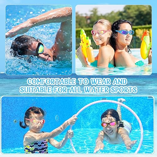 Miniatura 7 de Konohan Paquete de 8 gafas de natación sin fugas para adultos, protección UV, gafas de piscina con clip para la nariz Color novedoso,Bright