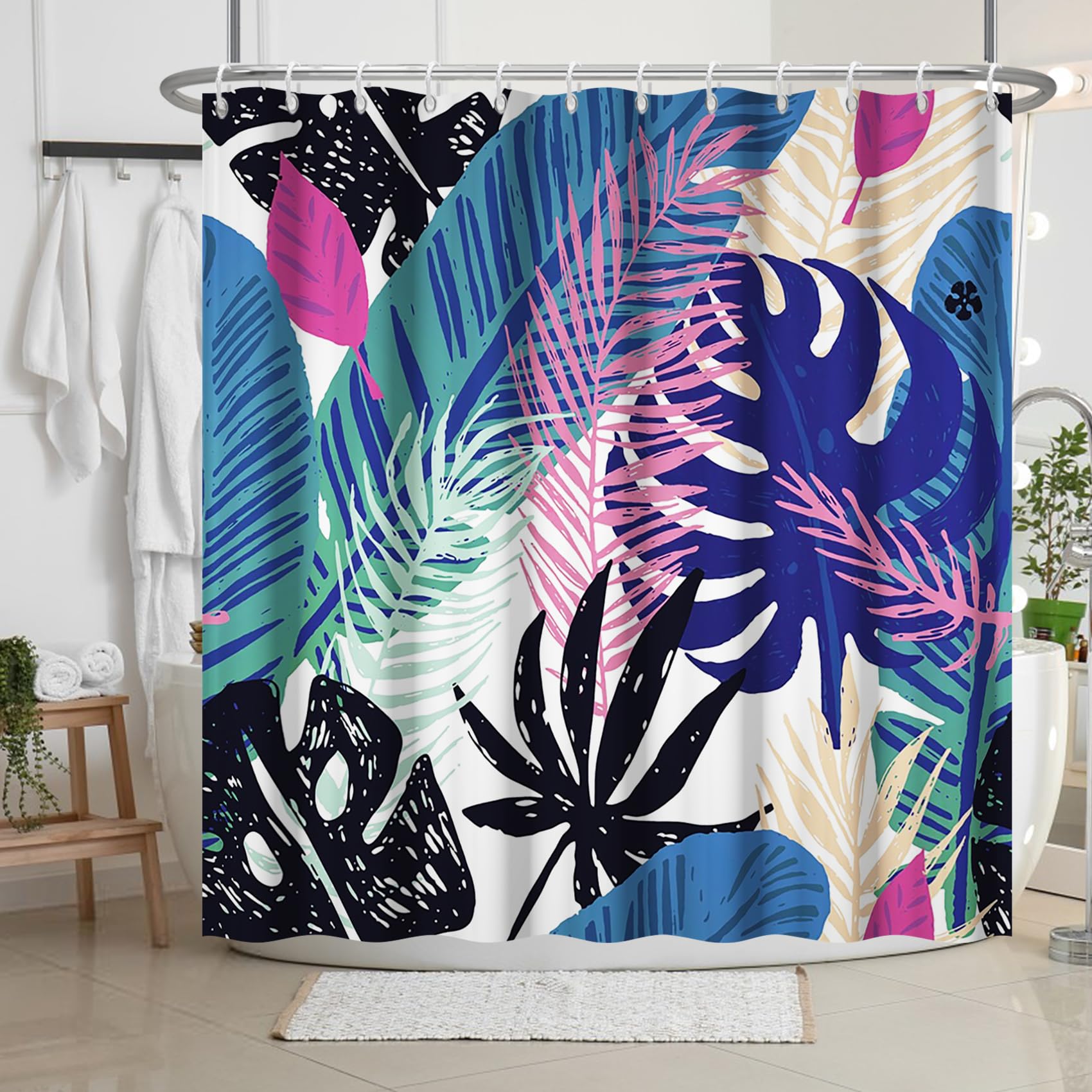 Bovlleetd 71x79inch Abstract Plant Shower Curtain Watercolor Bohemian Tropical Plant Bathroom Curtain Mid-Century Art Shower Curtain Waterproof Bath Curtain Washable for Bathroom Decor - Image 3